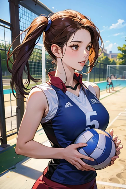 Beautiful face, 1 girl, Japanese, 16 years old, volleyball player, shiny skin, looking at the scenery, (((bloomers))), sleeveless volleyball uniform, volleyball gym, volleyball court ,
   Beautiful hair, beautiful face, beautiful detailed eyes, brown eyes, short hair, baby face, mole under the eye,
   Beautiful collarbone, beautiful body, beautiful breasts, beautiful thighs, beautiful legs, big breasts, seductive thighs, cameltoe, bare arms, bare hands, bottomless,
  resting, sweating,
   Smile, volleyball pose,
   (beautiful scenery), evening, day,
Photorealistic, beautiful illustrations, natural light, sweat,