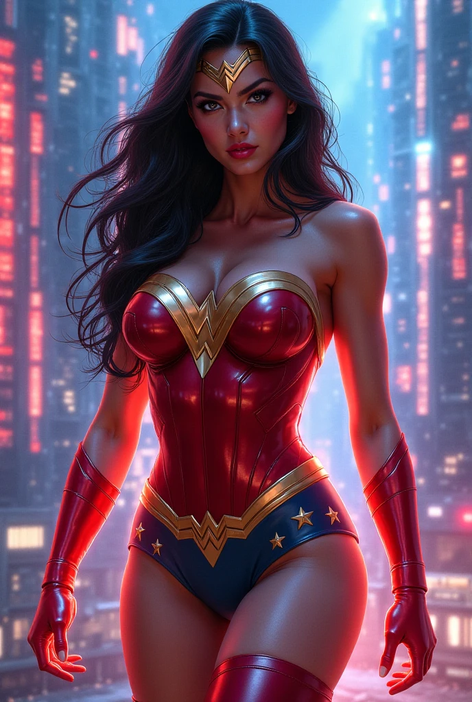 Natural Beauty, Masterpiece, Hailee Steinfeld, Perfectly Accurate Face Proportion, Thick Eyebrows, Wonder Woman, Big Breast, Curve Wide Hips, Toned Thighs, Toned Arms, on a rooftop looking over the night city, Super Hero Pose, Grin On Her Face, Realistic Art Style