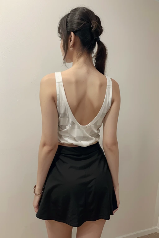 1 girl, masterpiece, highly detailed, simple wall background, (tall model body shape), beautiful face, young, athletic body, seductive, latex shorts, tank-top, shot from back