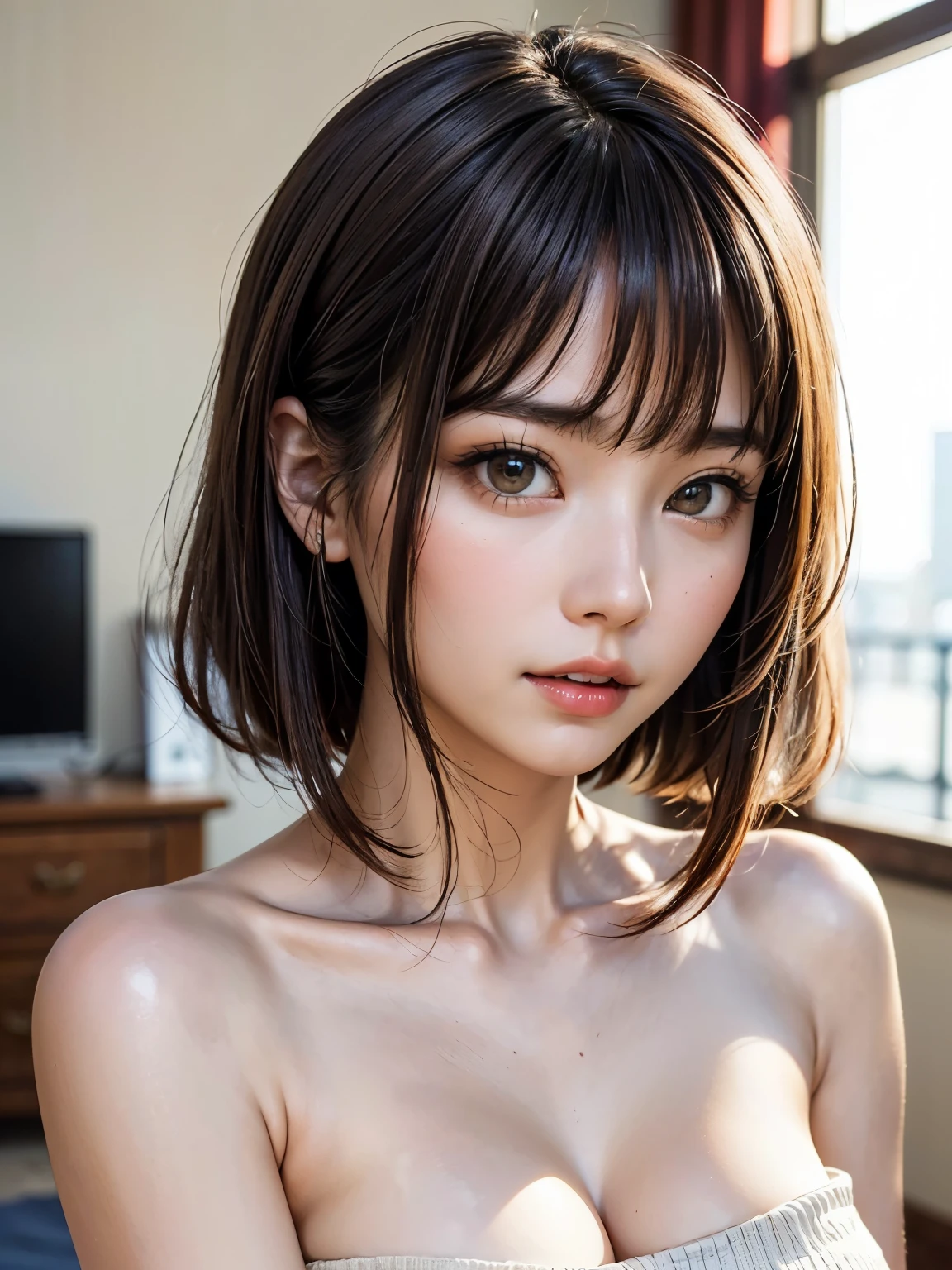 (Symmetrical beautiful face、Beautiful teeth、masuter piece、Best Quality、top-quality、Top image quality、masutepiece、Look firmly at the camera 、Head tilt、Intense highlighting of the eyes、Lashes、Slightly bigger eyes、Put out all your ears、Beautiful collarbone、long neck、lipgloss、Smaller face、One very beautiful woman、y costume with open center of chest)、turtle neck、Open your lips slightly and smile,Cute smile、Beautiful teeth、 Red face, Wetting of short hair,crossed bangs、asymmetrical bangs、short shiny hair、Convex chest of drawers, Convex butigantic|Big|Huge|Mega} breasts, clBeautifulunds written in detail, Detailed attire details, Perfectly proportioned,film grains, Fuji colors, lightand shade contrast, high detal,Cinematic lighting, Textured skin, Super Detail、Beautiful adult woman full of charm