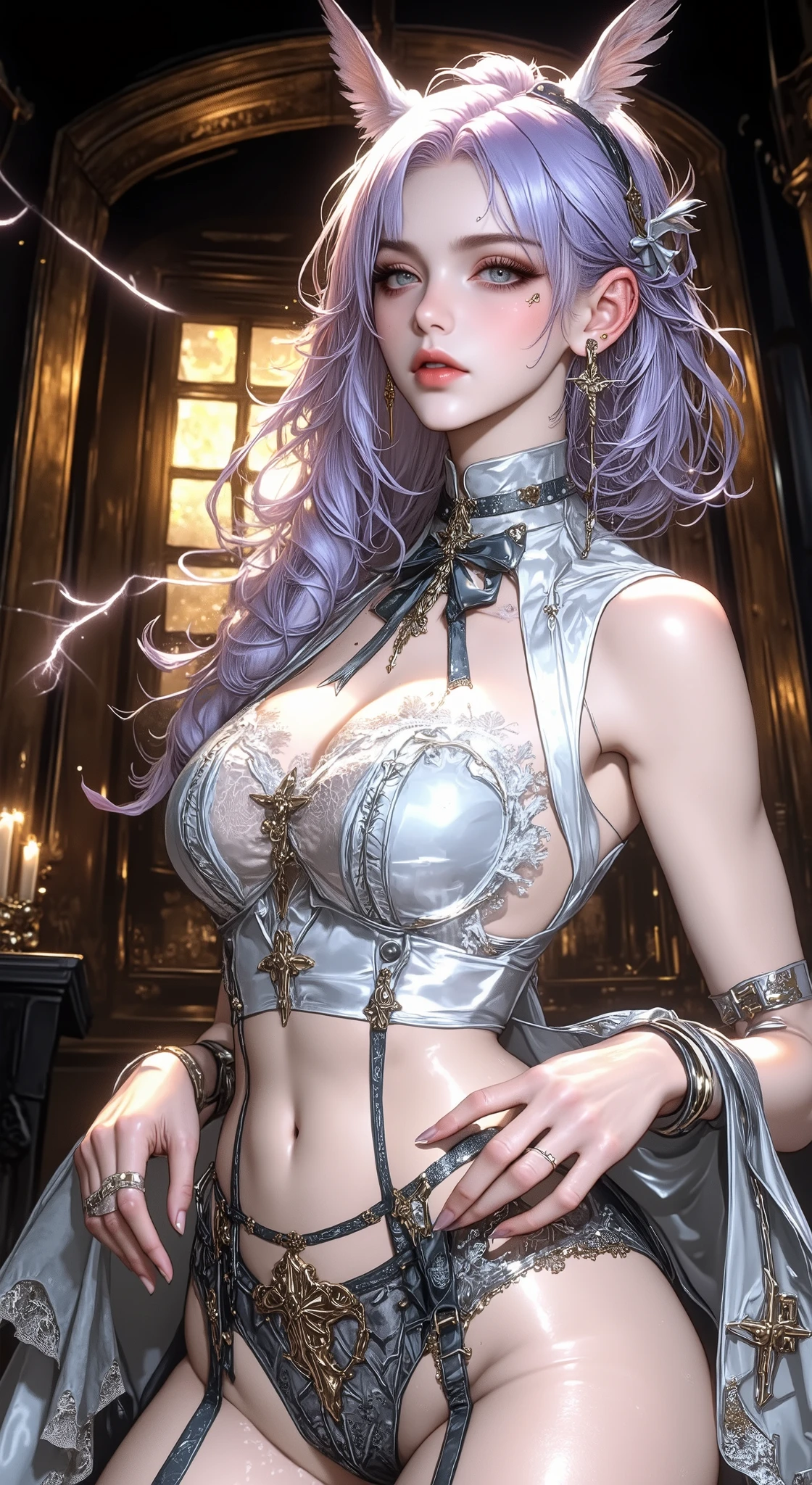  ((((Angel wearing pure white maid clothes)))), ((((Shiny silver accessories)))), ((((In the storm where thunder shines)))), ((((wet and glowing skin)))), (((Purple Hair))), ( backlit), ((Super wet skin)), ((Fluorescent color)), (((In-depth images))), brunette girl, big Smile,  super beautiful glowing eyes、hanging from the ceiling with his arms tied with a rough rope、sweat、The rope bound her body、wet body、 Legs Hanging from Shackles 、 and a large amount of fluid flows out of your crotch、 One leg is suspended on top with a rough rope 、tied with a rope、Tightly bound、My hands are tied、 legs hanging in restraints  (8K,  live shooting , best image quality, masterpiece: 1.4), Ultra-fine mesh, (Realism, photorealistic: 1.48), masterpiece、of the best quality、Super Detail、8K、Detailed light、 detailed shadows 、Raw、(Detailed skin)、(Realism: 1.2)、18 years old、long hair、lace underwear、In the torrential rain, masterpiece, of the best quality, 超high definition, (realistic:1.4), Beautiful Face with Every Detail, High Quality Clothing, (masterpiece:1.3), (8k、best quality:1.4), (top quality, high definition), (1 girl:1.3), (alone:1.3), (  Mizuki Yukikaze), (hair bow, Frill collar , Blog, One Piece Tan, sleeves apart , corset before dildos insertion, frills, heart cutout, micro panties, bridal garter, High Heels), ( 完璧なversus称的な顔), Beautiful eyelashes, (Nose blush:1.3), (flat chest:1.4), ( beautiful thighs), ((Accurate Arm, sex, Accurate legs)), (Perfect Anatomy), sunburn, Wheat-colored skin, ( High Detail Skin : 1.2), Video, (Midnight Metropolis , decadent and futuristic urban area ). ( Advanced Future Cars ), (Cyberpunk Background, Blade Runner), volume lighting, bright color, (hair bow,  elbow bag, fingerless gloves, ruffle leotard, fur trim, black leotard, Knee-length boots, versus.  demon ninja suit , One Piece Tan),