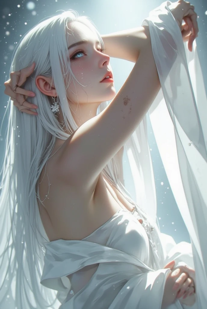 (best quality, HD:1.2), ultra-detailed, (realistic:1.37), beautiful girl with angelic face, elegant white long dress, long floating white hair, pale skin, closed eyes, pale lips, drip milk big breasts, smoke mist background, soft lighting, portrait, sticky wet skin with , soft lightning, full body, floating under water