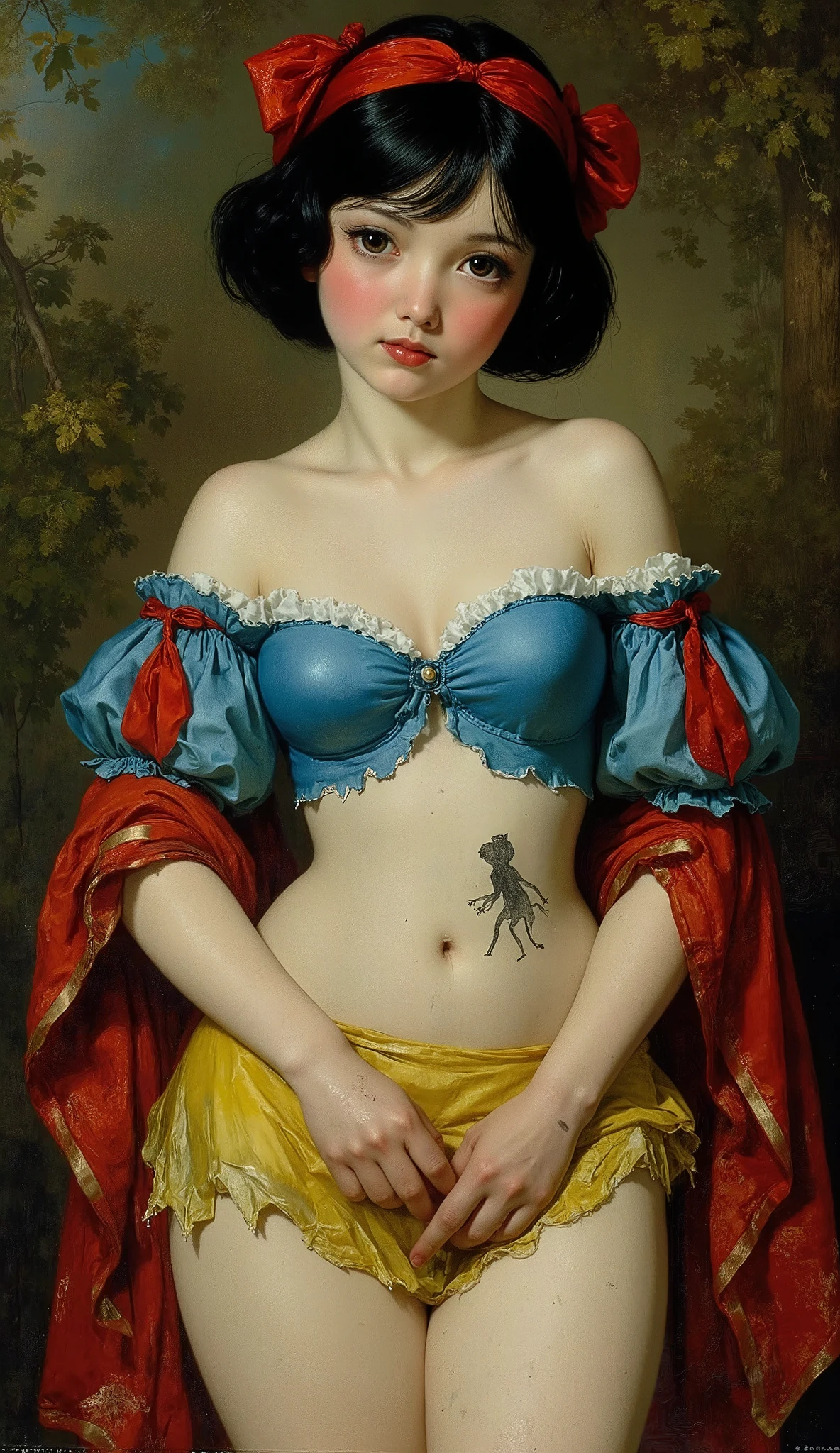 Is Snow White the Prostitute a Goblin Slave、
((NSFW)),
19th Century style,
Full body,
Old photo,
1girl, 7guys,
Early summer in 19th century Switzerland、
Snow White's skin is white as snow、
She has black bob hair with red ribbons、
she wears a blue bodice and a yellow miniskirt、The front of the bodice is greatly torn、
Prostitute yourself against a goblin in the woods、Snow White has sex outdoors、Snow White makes indecent products in front of goblins、Snow White opens her crotch and shows her pussy to a goblin、Actually, Snow White is pregnant but she doesn't notice、Snow White is tainted by Goblin filth、Snow White became demented、The facial tattoo on Snow White's skin showing that it is the property of a goblin hurts々like、Snow White is outraged and frightened、Snow White was lynched by goblins and her body is full of slander、Nasty Snow White、 under-eye area、Gobble Pussy、