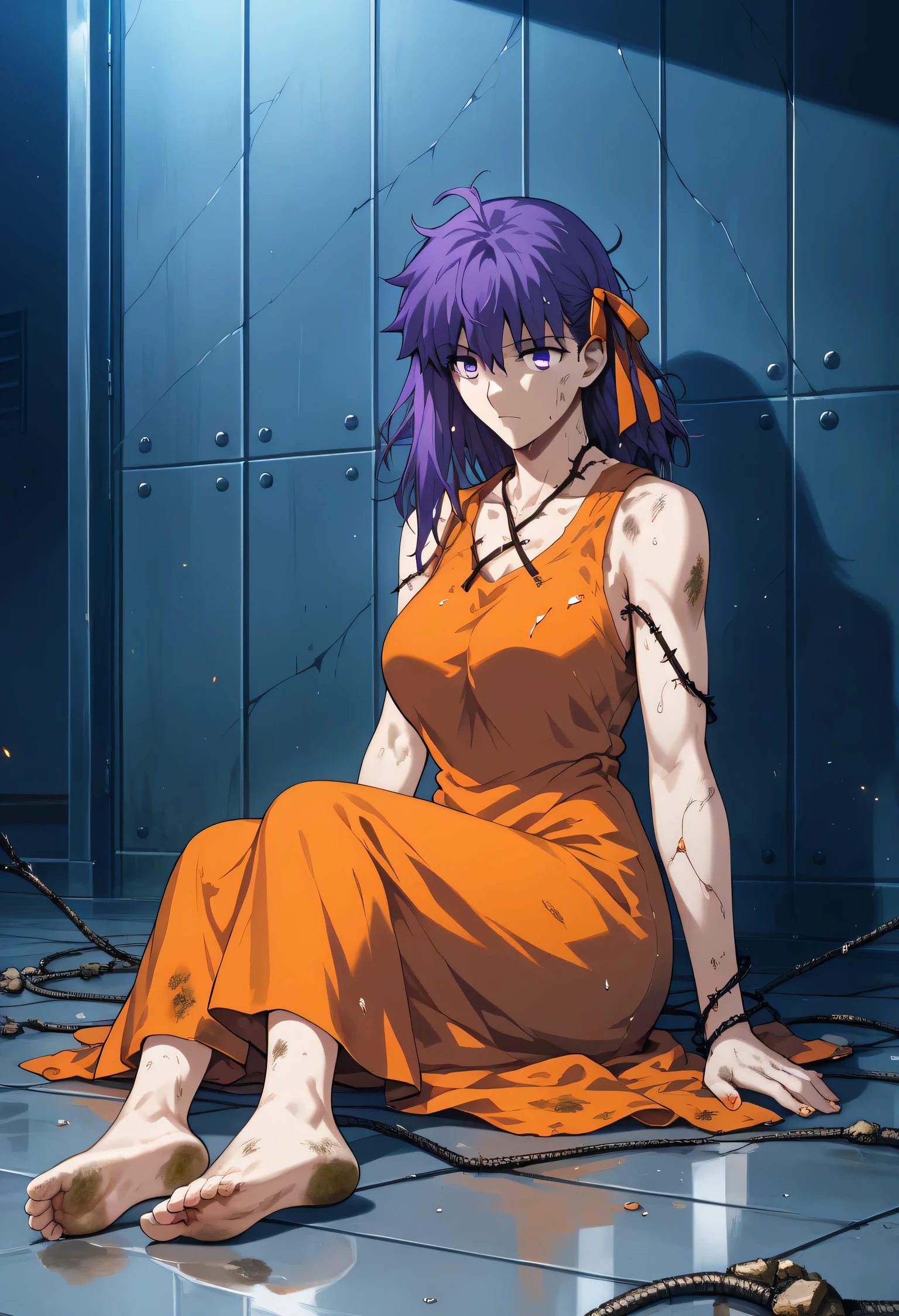Sakura Matou, fate stay night: heaven's feel, a girl with. white skin, voluptuous body, beautiful body, purple hair (long, loose, and messy hair), purple eyes, (((wearing a short, sleeveless, maximum security inmate orange dress with the ID number: inmate: M13195 engraved on the chest))), ((maximum security prison recreation yard with large walls with barbed wire and watchtowers in a dirty and old state, and with an unpaved floor))), (((sitting on the floor facing forward with her legs stretched forward, raised and apart, focusing on her feet and the soles and toes))), (full body), (barefoot), (resigned mood), (tense and hot atmosphere), sunny day, (heat), ((dirty)), ((sweating)), (gloomy and depressing place)