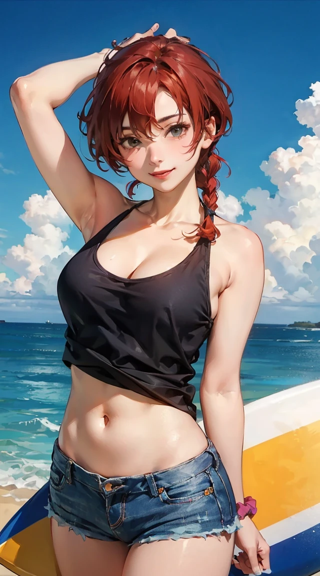 1girl, solo, masterpiece, best quality, high res, highly detailed, (illustration), beautiful detailed eyes, yuigahama yui, red hair ponytail, glossy lips, light makeup, orgasm, (looking up to the sky:1.5), intimate moment, sleeveless top, cleavage, (quicksand:1.4), (from side:1.4), bog, swampy, grassy, eyes closed, gasping