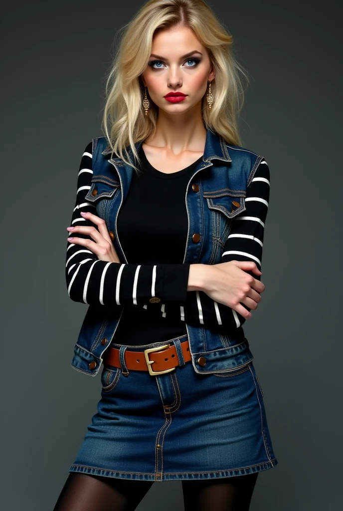(masterpiece, best quality, beautiful and aesthetic:1.3), 1 Girl, Solitary,android 18, blonde hair, blue eyes, eyelashes, hoop earrings, short hair, earrings,belt, black legwear, black shirt, breast pocket, cleavage, collarbone, denim, denim skirt, high-waist skirt, jewelry, long sleeves, pocket, shirt, shirt tucked in, skirt, striped, striped sleeves, waistcoat,