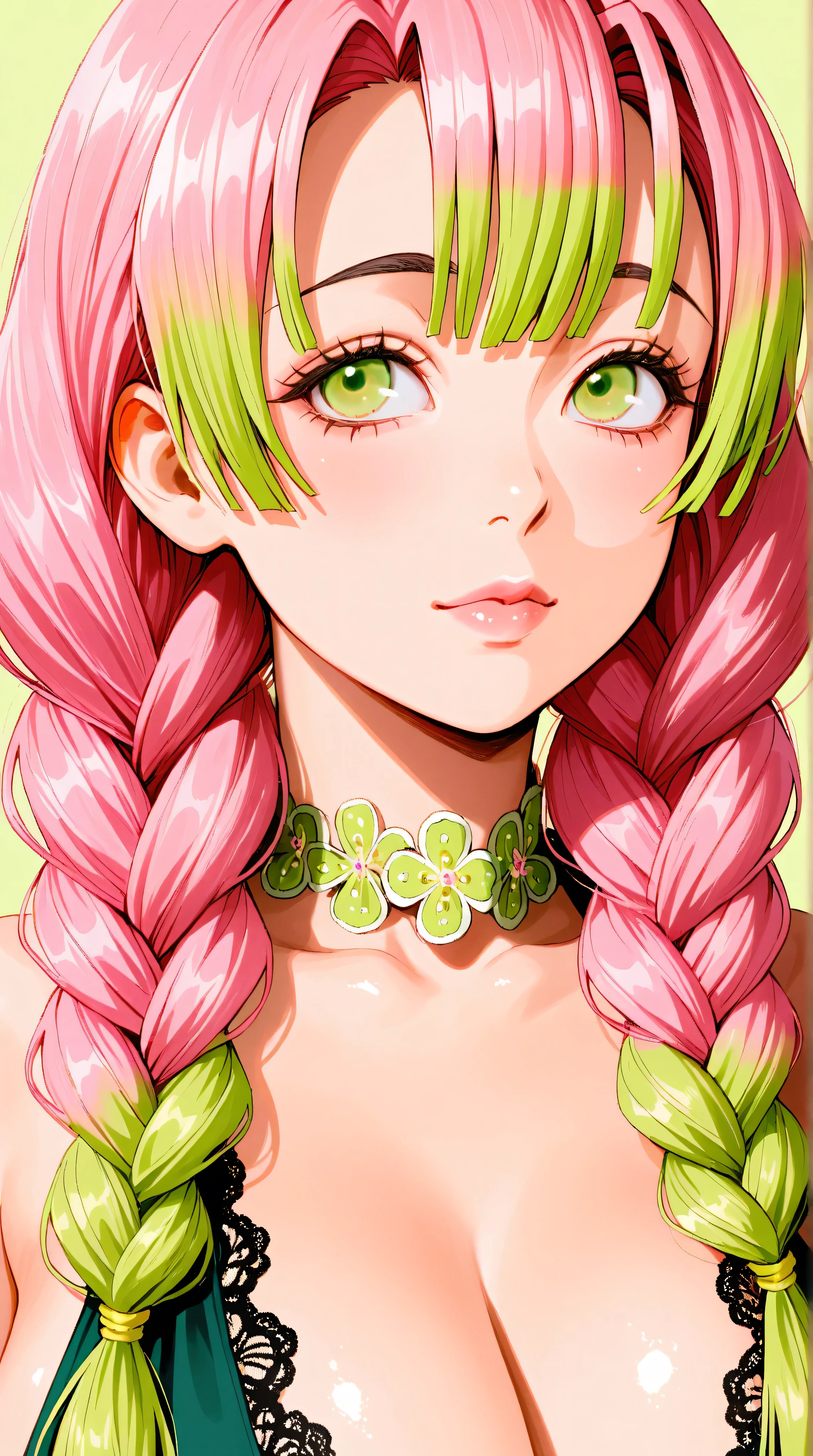 Convert your flower art into a hand-drawn illustration.、Create backgrounds with vibrant colors and unique touches The type of flower is statice、Gypsophila、sweet pea、Mix in some lace flowers, (arms down), portrait, face portrait, big breasts, cleavage, pink hair, green eyes, twin tails, (green highlights), green braids, (arms and hands down)