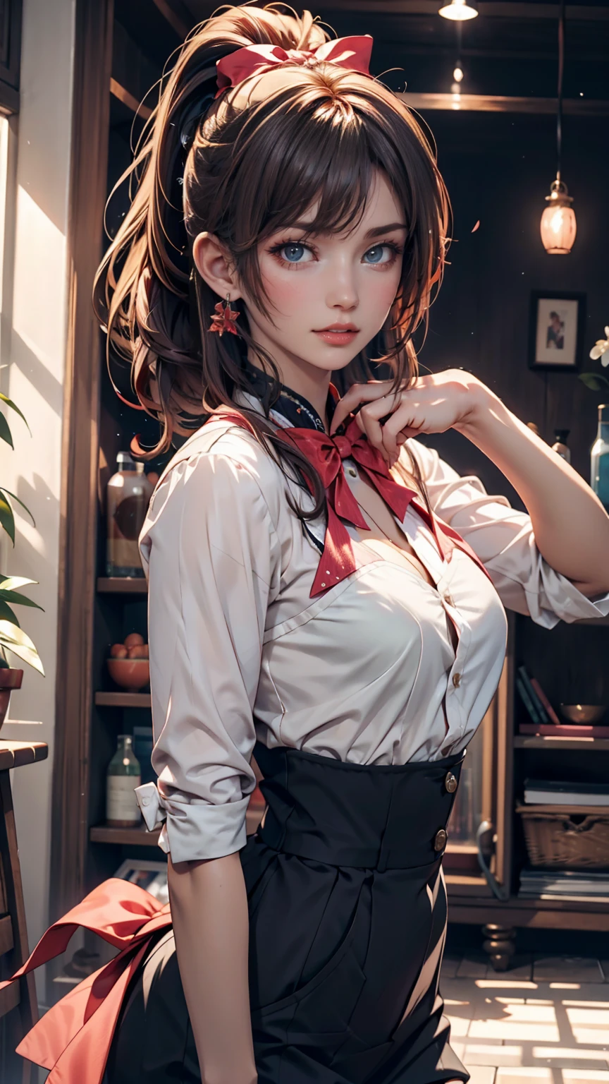 A very delicate and cute girl with pink hair and a lolita dress. 8K ultra-high image quality, Delicate texture, Pure white background.24-year-old female、Sexy proportions、Sexy breasts、Narrow waist、Long eyelashes、Side Ponytail((side ponytail))、hair band((hair ribbon))、Red hair、Textured skin((textured skin))