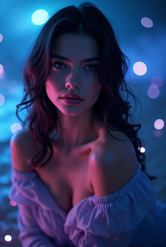 (Masterpiece.UHD.photorealistic) an ultra hot gorgeous European woman. Age 23. Voluptuous hourglass body. Gorgeous face. Epic cleavage (100 E size). detailed eyes, detailed lips, long eyelashes, elegant hairstyle, blue skin, blue hair, abstract blue background, (best quality,4k,8k,highres,masterpiece:1.2),ultra-detailed,(realistic,photorealistic,photo-realistic:1.37),vibrant colors,dramatic lighting,cinematic composition,digital painting,concept art