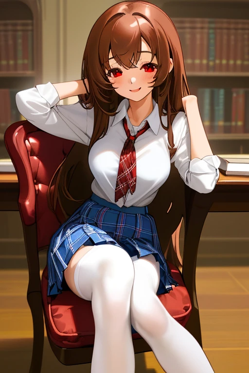 At school, classroom, high school student, , beautiful, medium breasts, wide hips, small waist, shapely legs, perfect thighs, would be, blushing, angry, , mini skirt with plaid, blouse, thigh high stockings, stockings held up by garters, sitting, chair, crossing her legs, blouse unbuttoned completely open revealing the bra, holding the skirt with her hands lifting it above her thighs,
