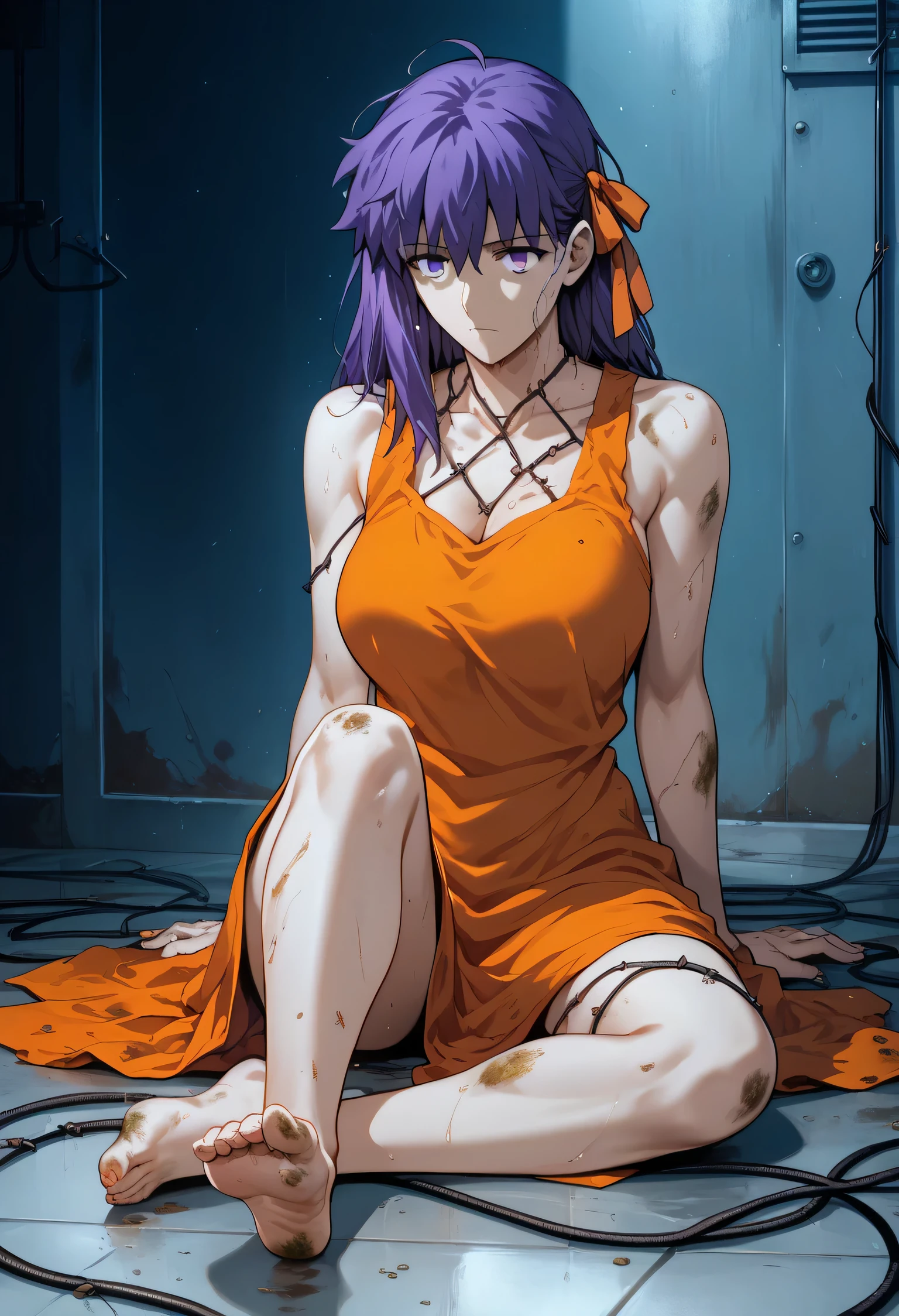 Sakura Matou, fate stay night: heaven's feel, a girl with. white skin, voluptuous body, beautiful body, purple hair (long, loose, and messy hair), purple eyes, (((wearing a short, sleeveless, maximum security inmate orange dress with the ID number: inmate: M13195 engraved on the chest))), ((maximum security prison recreation yard with large walls with barbed wire and watchtowers in a dirty and old state, and with an unpaved floor))), (((sitting on the floor facing forward with her legs stretched forward, raised and apart, focusing on her feet and the soles and toes))), (full body), (barefoot), (resigned mood), (tense and hot atmosphere), sunny day, (heat), ((dirty)), ((sweating)), (gloomy and depressing place)