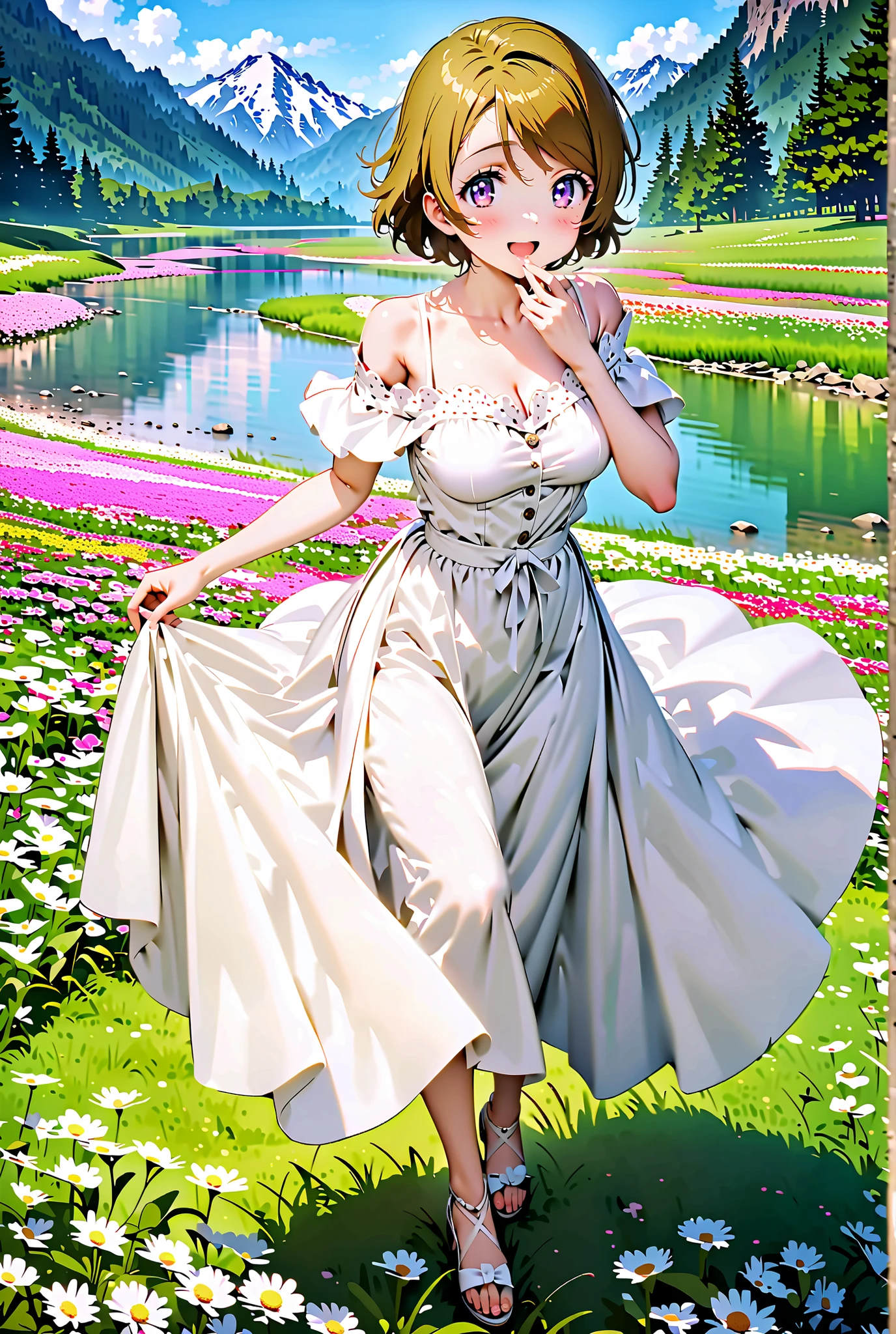 Hanayo Koizumi, short hair, brown hair, purple eyes,Medium breast, White Off Shoulder Dress, white long skirt,Heeled Sandals,standing,smile,cover,opens her mouth,noon,Flower Field,Mountain,river,nature,full bodyがillustrationsに入るように,break outdoors,nature,,
break looking at viewer,full body,
break (masterpiece:1.2), of the best quality, high definition, Unity 8k 壁紙, (illustrations:0.8), (beautiful detailed eyes:1.6), Highly Detailed Face, so that it fits into the illustration, Extremely Detailed CG, (perfect hand, Perfect Anatomy),