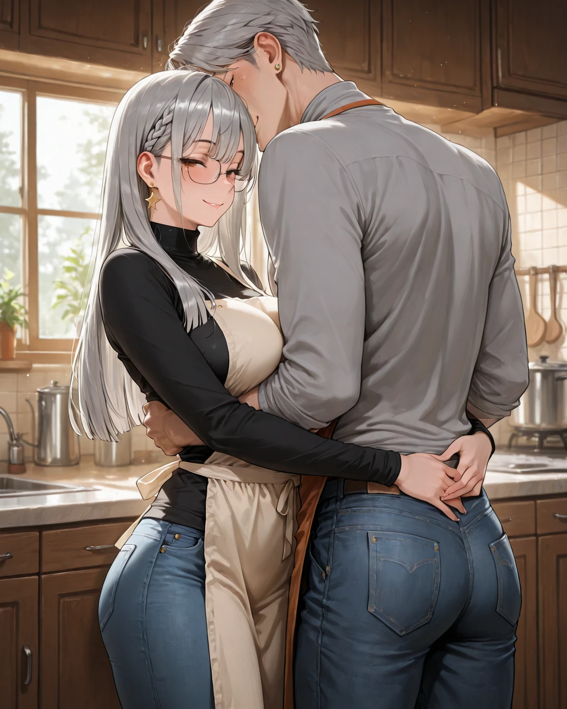 (8k、Best image quality、Highest quality、masterpiece)、Detailed face、One girl、Black Hair、Bright Blue Eyes、Wicked Smile、((steam, sweat, Grin))、Small breasts、((White oversized long shirt)), Short sleeve、Bra straps、No off-the-shoulder underwear、Cowboy Shot、entrance、Open the door、(A half-naked, muscular, big black man hugging her from behind:1.5)、