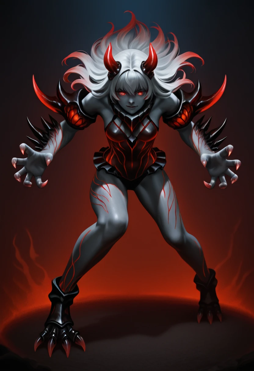 Roxy_Citron_OC, 1girl, solo, red eyes, white hair, rainbow hair, long hair, streaked hair, hair between eyes, khorne, armor, shoulder armor, pauldrons, skull, solo, gauntlets, looking at viewer, open mouth, breastplate, blood, red theme, glowing, power armor, glowing eyes, spikes, angry, red armor, skeleton, boots, full armor, chain, throne, cape, demon horns, fangs, full_body, standing,