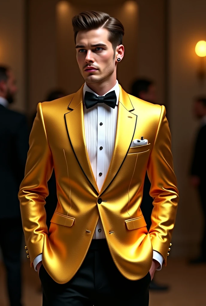 handsome 40 year old desirable caucasian man with distinguished features, athletic build, tall height, light brown medium length hair, clean cut haircut, shaved face, (intriguing green eyes), seductive smile with a gentle expression, wearing a black tuxedo jacket, wearing a gold bejeweled crown, sitting on a throne, detailed depiction of facial features, perfectly symmetrical face, crisp details, ultra-fine rendering, studio lighting which masterfully accentuates his excellent features,