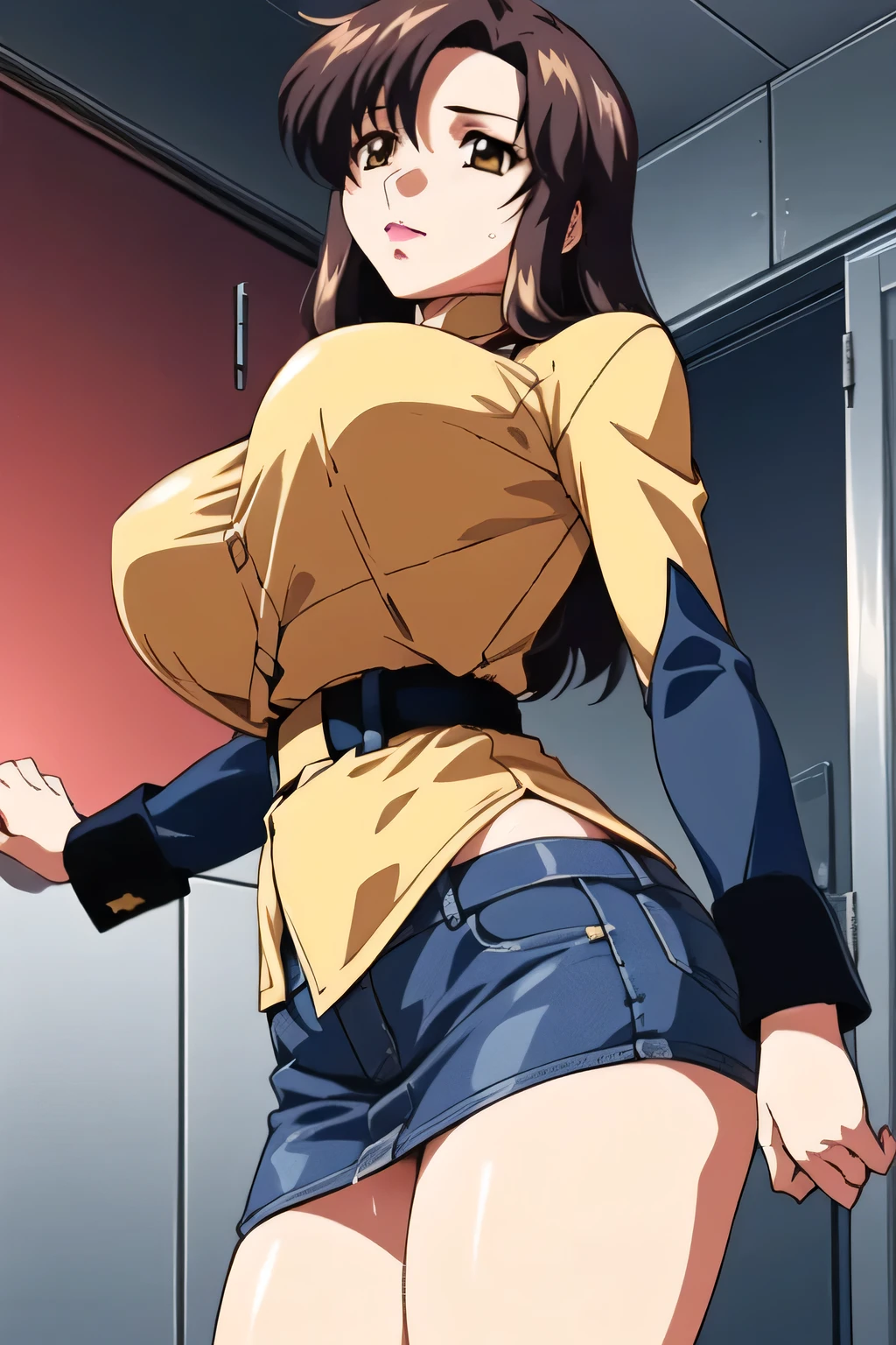 (please draw a more delicate expression),(yellow shirt),(Navy blue jeans miniskirt)( dark blue panties ),The work is wonderful enough by itself, don't trim her face as it is necessary for the work,but、I was surprised, don't prepare her face for work ,yellow shirt,Navy blue jeans miniskirtを履いている, , big black wavy hair, , Big Breasts, thin waist , , ,almost 40 year old woman with mature sex appeal, Please draw human hands and feet accurately