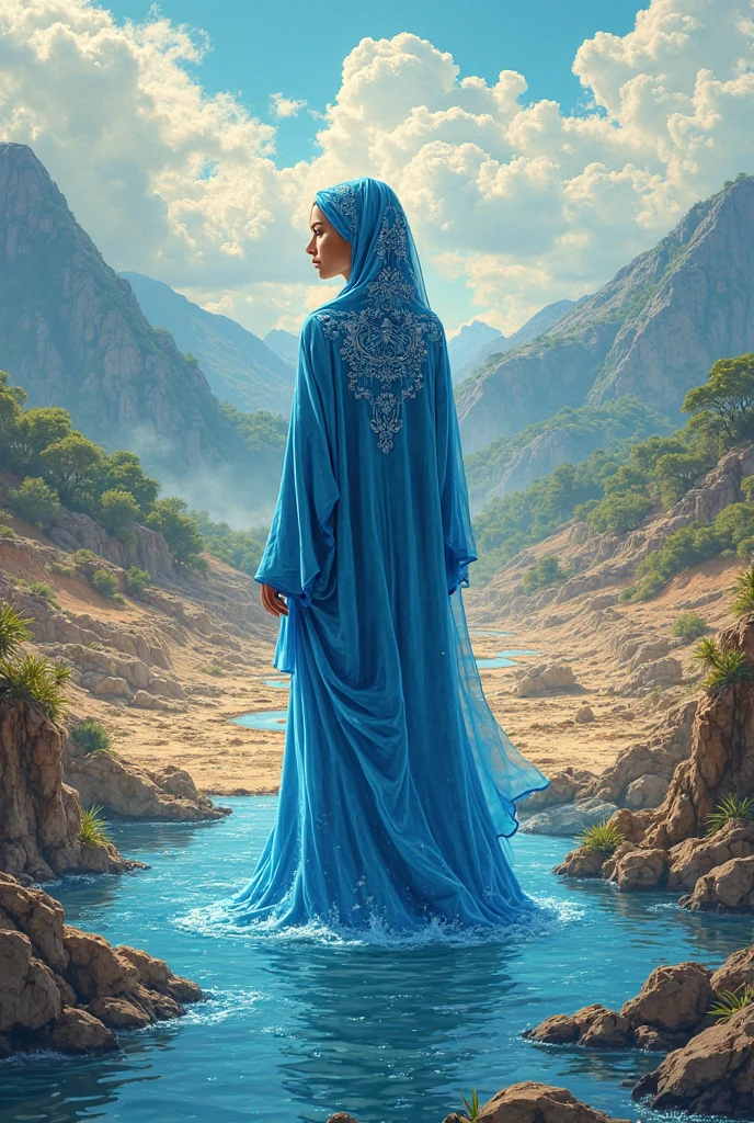 A beautiful Muslim woman in a beautiful dress hanging on the edge of a beautiful blue lake., sangat realistic , UHD 32K