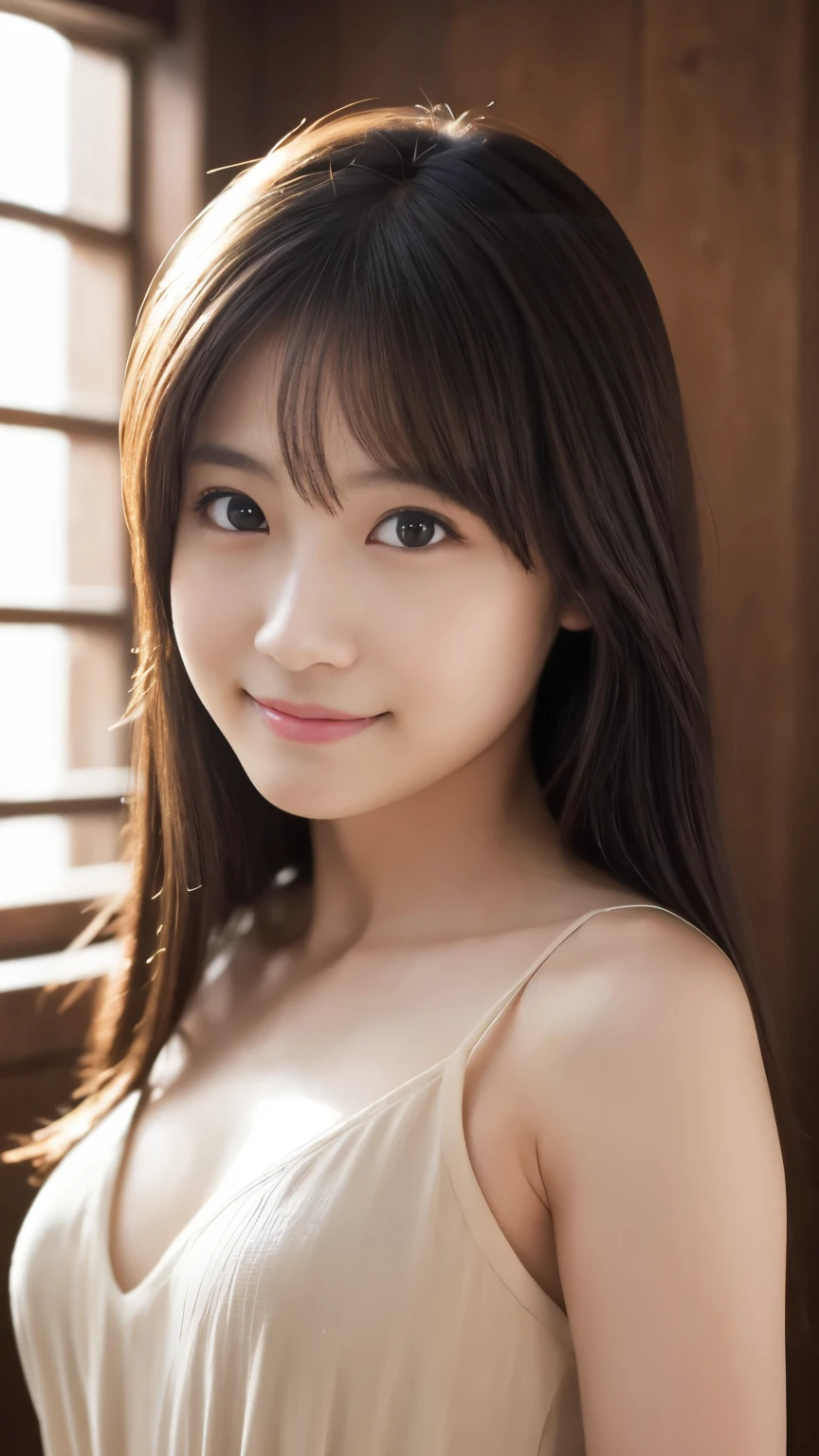 (8K、Raw photo、highest quality、masterpiece:1.2)、(realistic、Photoreal:1.37)、super detailed、Super high resolution、1 girl、see the beholder、beautiful and detailed face、laughter、narrow、(slim waist) :1.3)、Beautiful and smooth skin、skin texture、floating hair、professional lighting、human body as a whole、Wearing a silk slip nightdress、cleavage、children's room、bed、No makeup、Odango hairstyle、E cup、smile、21 years old、Angle from diagonally above、big smile