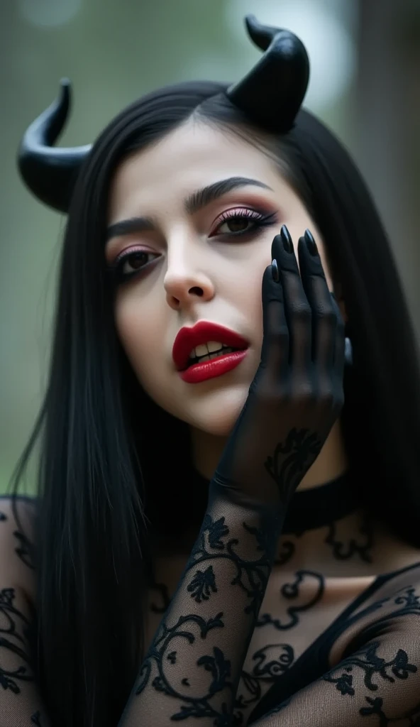 ultra realistic, photography, portrait, close-up, extreme close-up, long black straight hair, (30 years old, hazel eyes, hourglass figure, perfect fit body, slightly tanned skin, natural big breasts), red lipstick, she is wearing a tight black turtleneck top with a sheer spiderweb design, she has a tarantula crawling over her hand