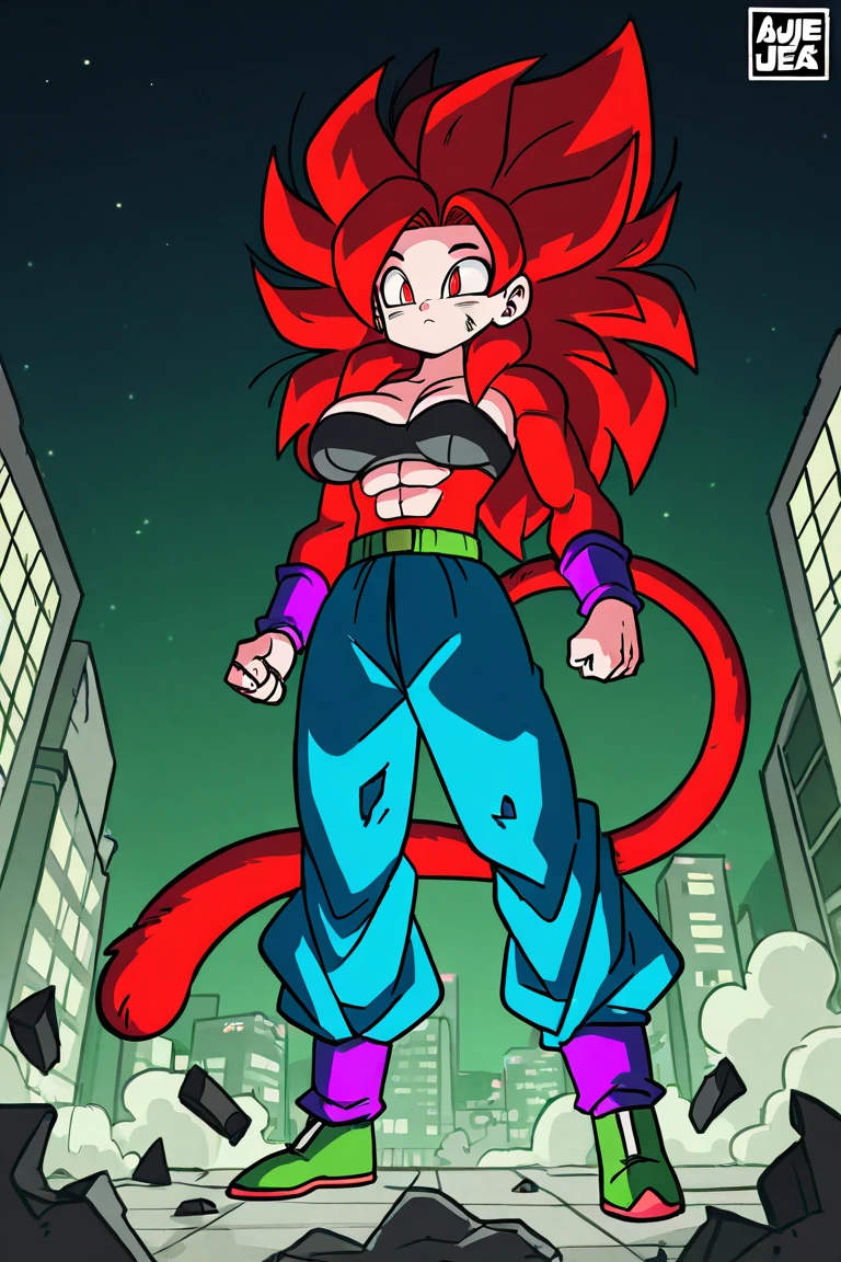 Android 21 from dragonball, black sclera, pink skin, tube top, bracelet, harem pants, high heels, tail, white hair, giant breasts, staying on top of you pov, grabbing breasts, laughing, sharp teeth,