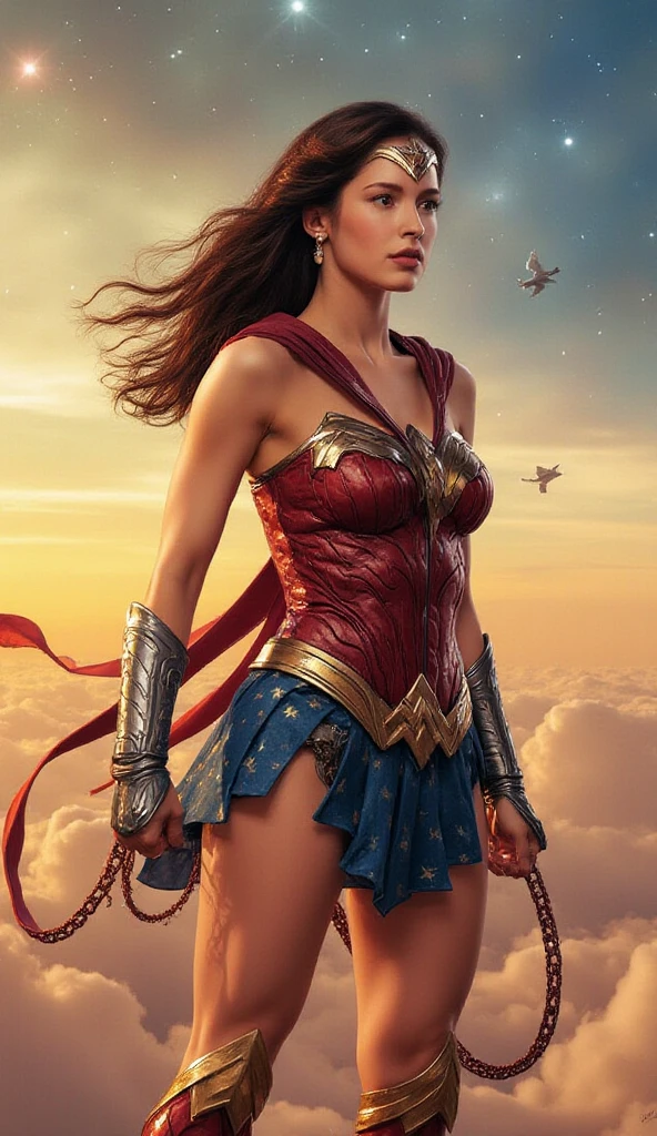 Gal Gadot as Wonder Woman standing in front of a temple full of Amazons