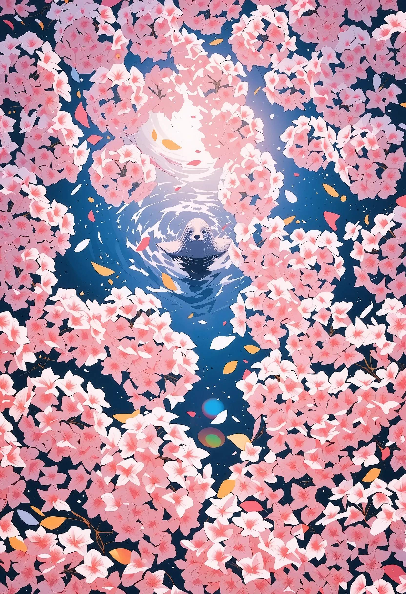 ultra detailed, absolutely resolution, masterpiece, countless scattered cherry blossom petals cover and float on the surface of the huge ocean, a seal peeks out from between the petals, the sun shines gently, the scenery is calm, highly detailed, sharp focus, vivid colors, soft lighting, cinematic composition