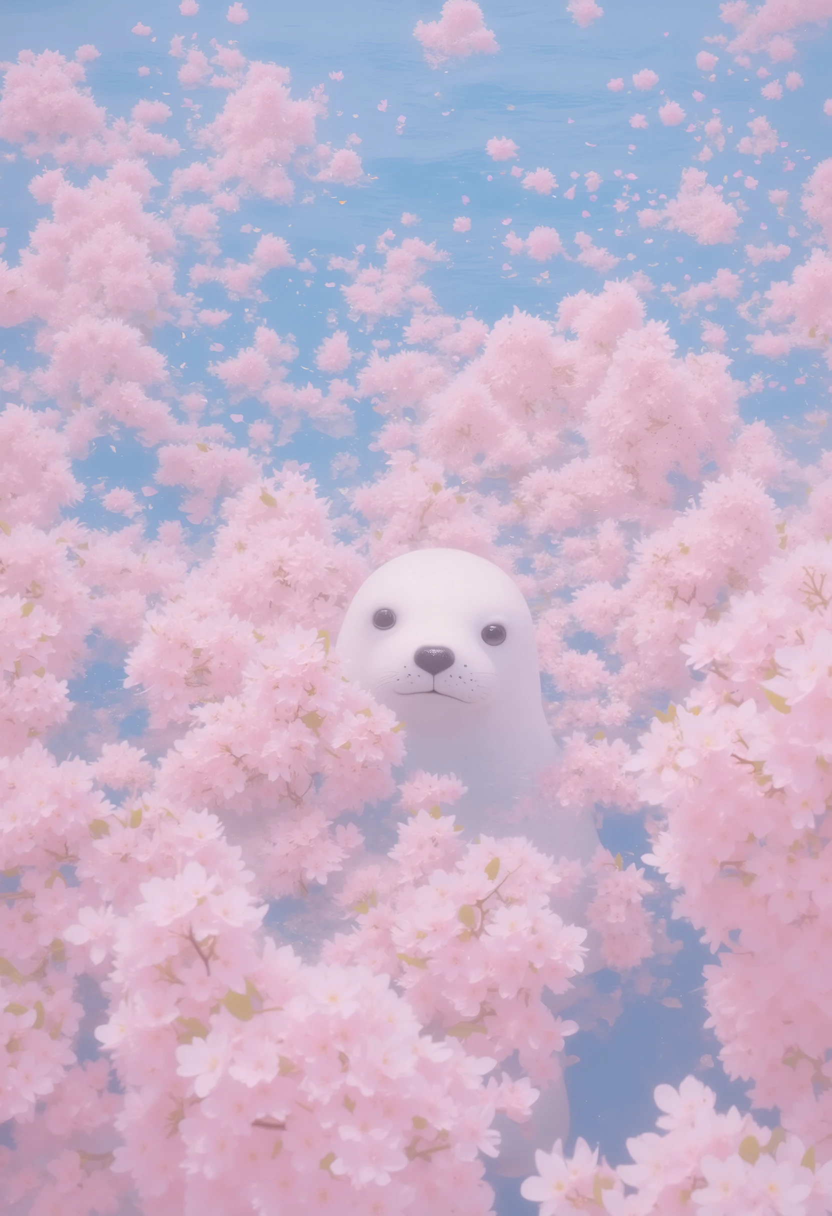 ultra detailed, absolutely resolution, masterpiece, countless scattered cherry blossom petals cover and float on the surface of the huge ocean, a seal peeks out from between the petals, the sun shines gently, the scenery is calm, highly detailed, sharp focus, vivid colors, soft lighting, cinematic composition
