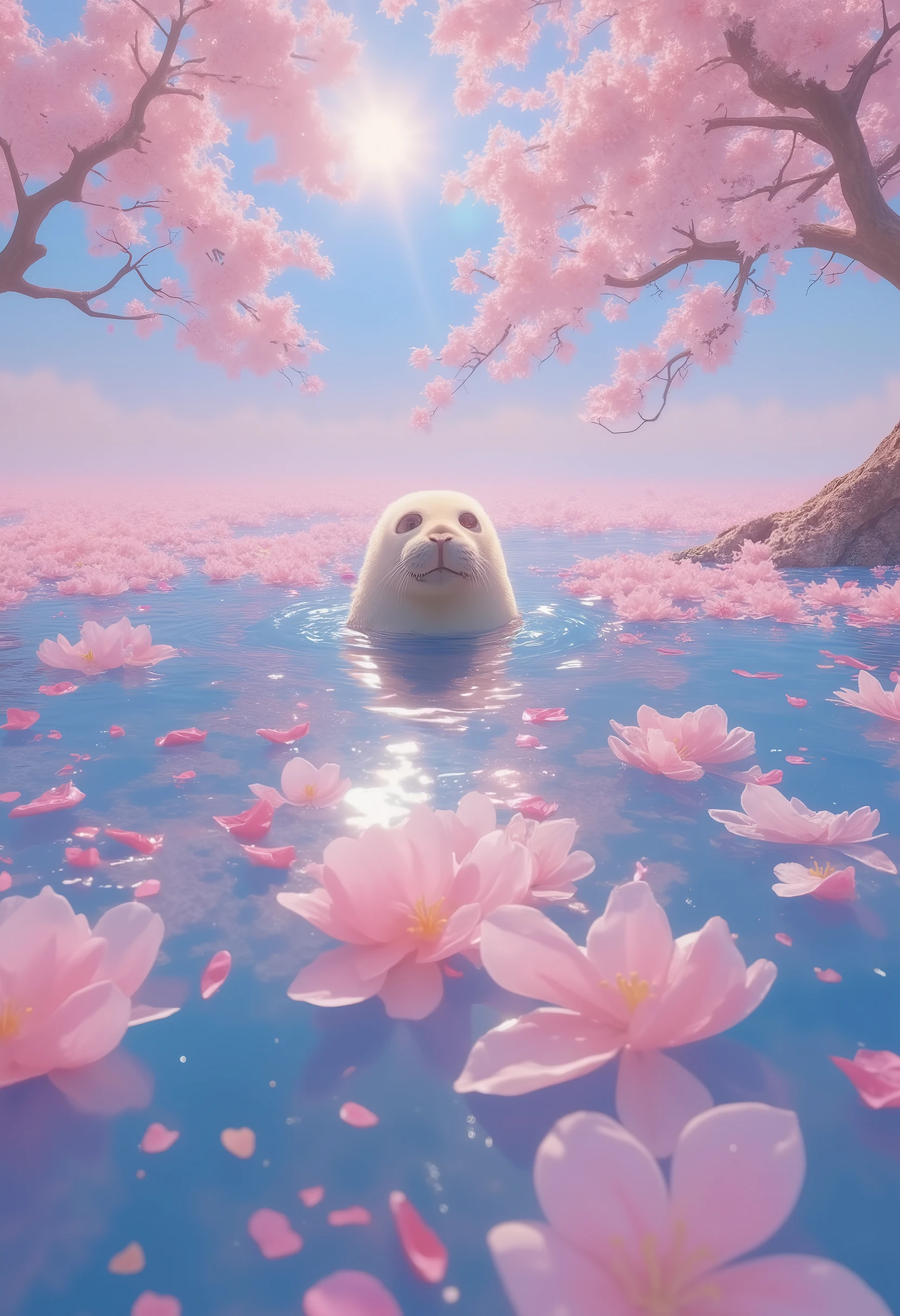 ultra detailed, absolutely resolution, masterpiece, countless scattered cherry blossom petals cover and float on the surface of the huge ocean, a seal peeks out from between the petals, the sun shines gently, the scenery is calm, highly detailed, sharp focus, vivid colors, soft lighting, cinematic composition