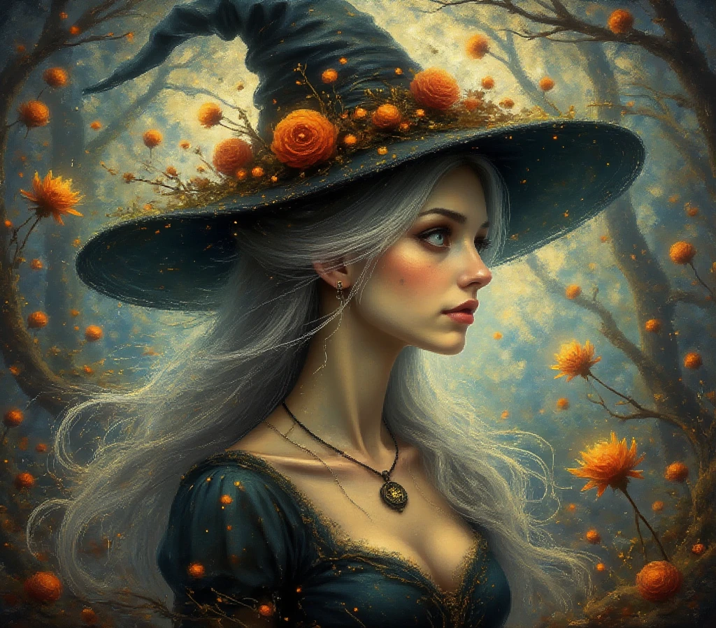 A painting of a witch in a hat with flowers, roupa branca.Detailed 4K illustration,Realista