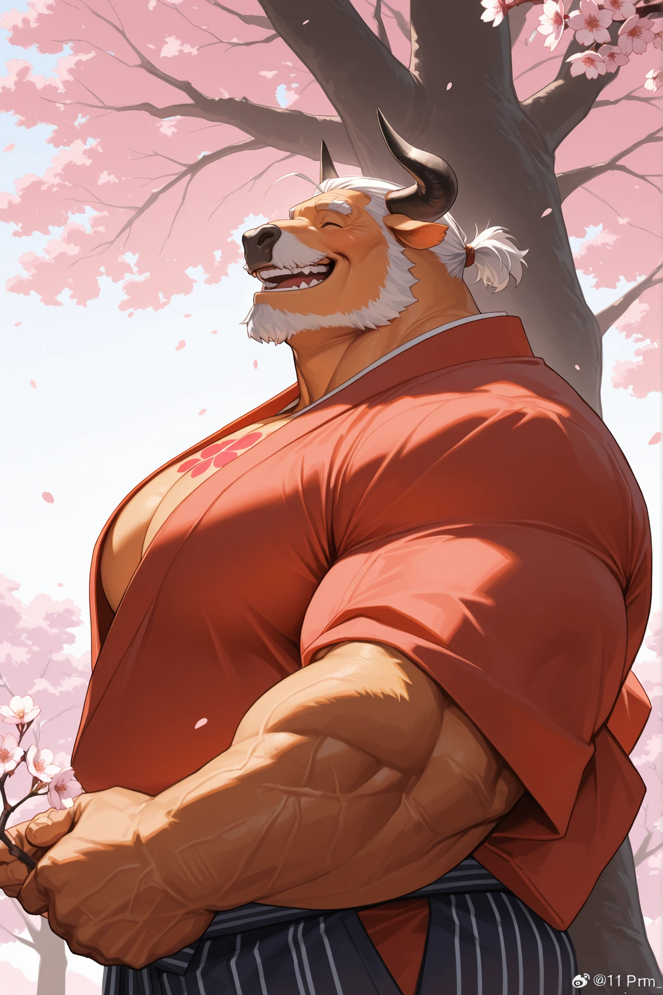 solo, old man, FURRY BULL, chest tattoo, muscular man wearing kimono, side view, looking cherry blossoms fall, huge tree in backgrond, in under Cherry Blossom tree, Cherry Blossom flower, (foreground cherry blossoms fall), smile, happy, windy, open eyes, detailed eyes, eyes, extremely detailed muscle, short hair), (huge pectoral, thick arms, wide pectoral, large pectoral, very huge arms), masterpiece, 8k, high detail, f/1.8, 135mm, Nikon, UHD, retina, masterpiece, curate, anatomically correct, textured skin, super detail, high details, high quality, best quality, highres, 1080P, HD, 4K, 8k