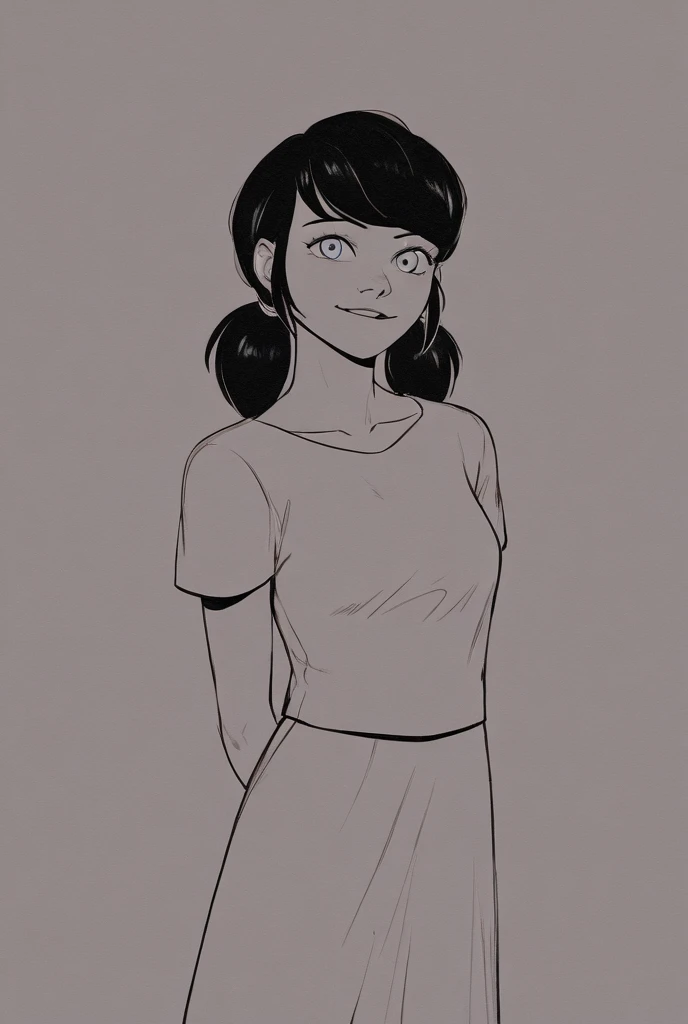 (1girl,15 years old),solo,angry,black hair,ponytail hair,short hair,fox ears,black shirt,sleeveless,black shorts,cowboy shot,(white background,line drawing),standing,from side,perfil