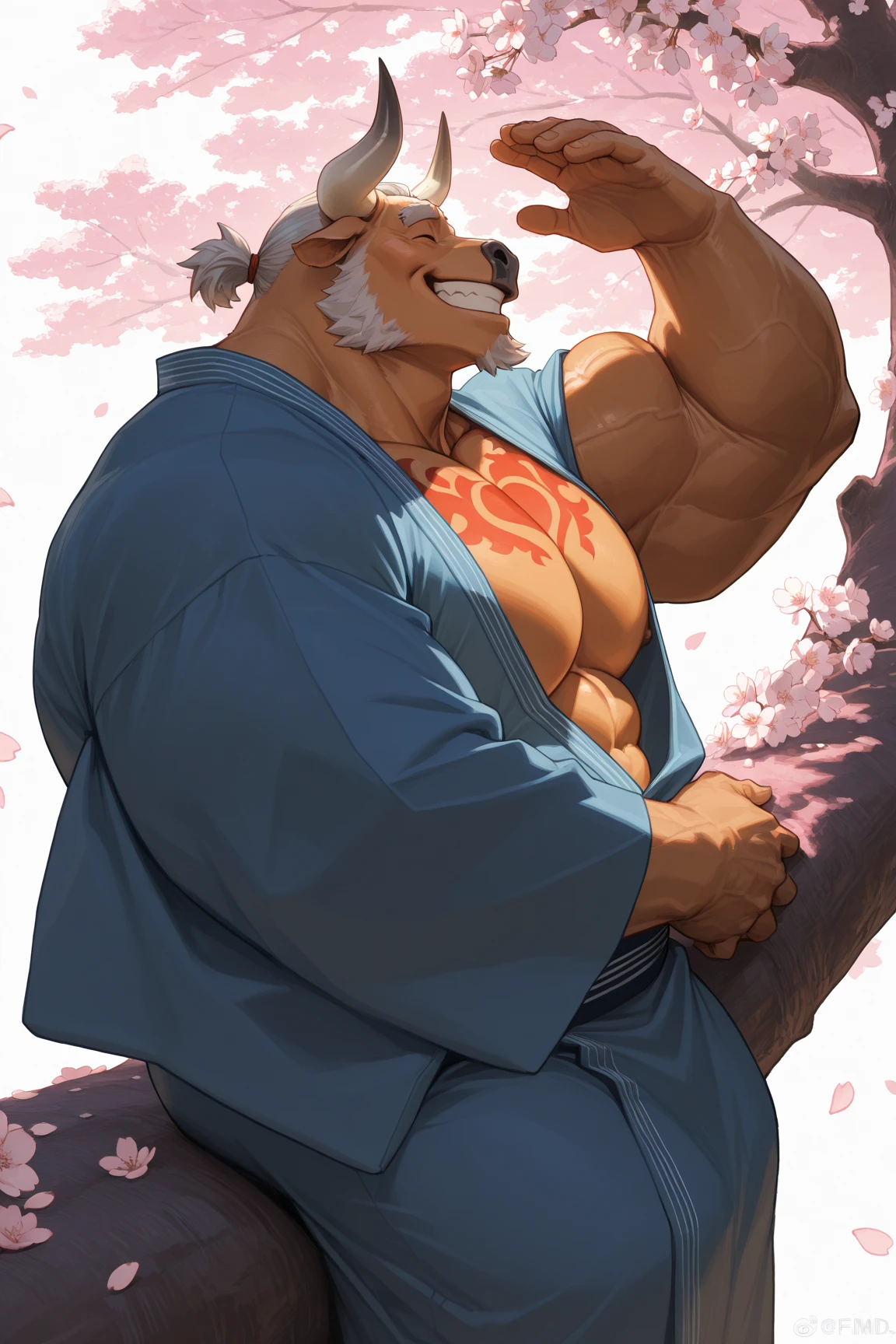 (morning), 1volibear, 独奏, 看着观众, winter, smile,肌肉男,beard,middle-aged,white fundoshi,((open) kimono),Chinese traditional clothes,close-up,lying in,stud earrings,nipple ring,sweat,drooling,blush sticker,wet,splashed , spilted, milk ((on body)))