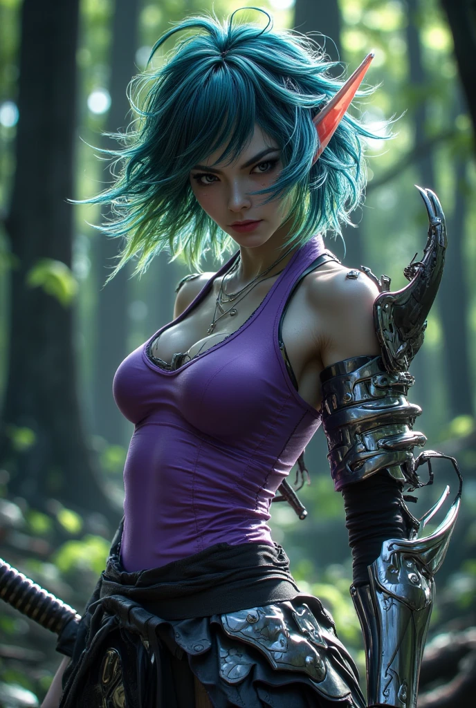 (photo_(medium):1.2), by Antonio J. Manzanedo, by Jeremy Lipking, 1girl, looking at the camera, (facing the viewer:1.1), (photorealistic:1.2), hyperrealistic, photorealism, close-up, head and shoulders, purple hair with rainbow streaks, short hair, ponytail, bangs, blue eyes, friendly, eyelashes, steampunk, sleeveless, subsurface skin scattering, snowy mountain background, symmetry, depth of field, 8k, vfx, hdr, rtx