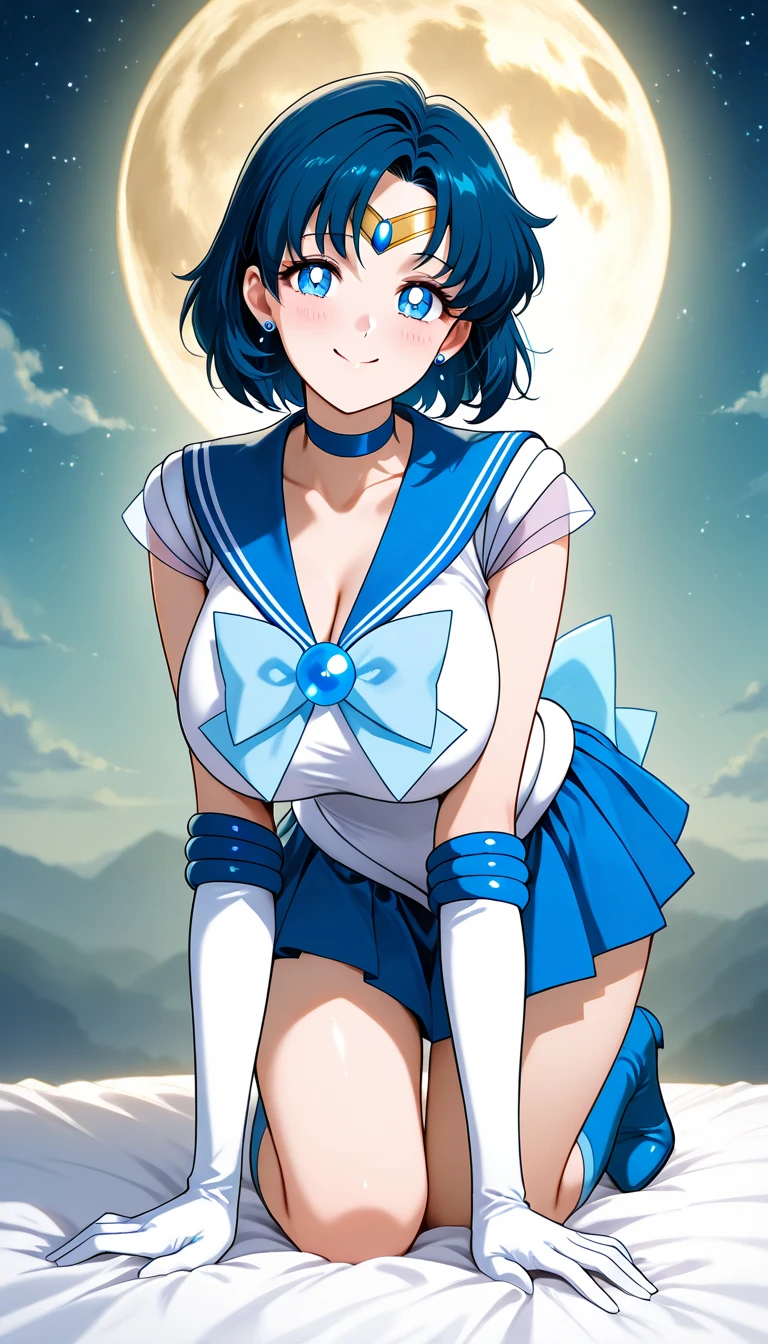 highest quality, 1 girl, (sailor mercury),light blue hair, (black eye:1.2),((Bunny girl))、((leotard))、((happy look))、((full moon))、(((pantyhose)))、((short hair hair))、((white long gloves))、((open your legs))、((Bunny ears))、((Tierra))、((heart mark, The toes are growing, blush, seen from below, ant's eye pov))