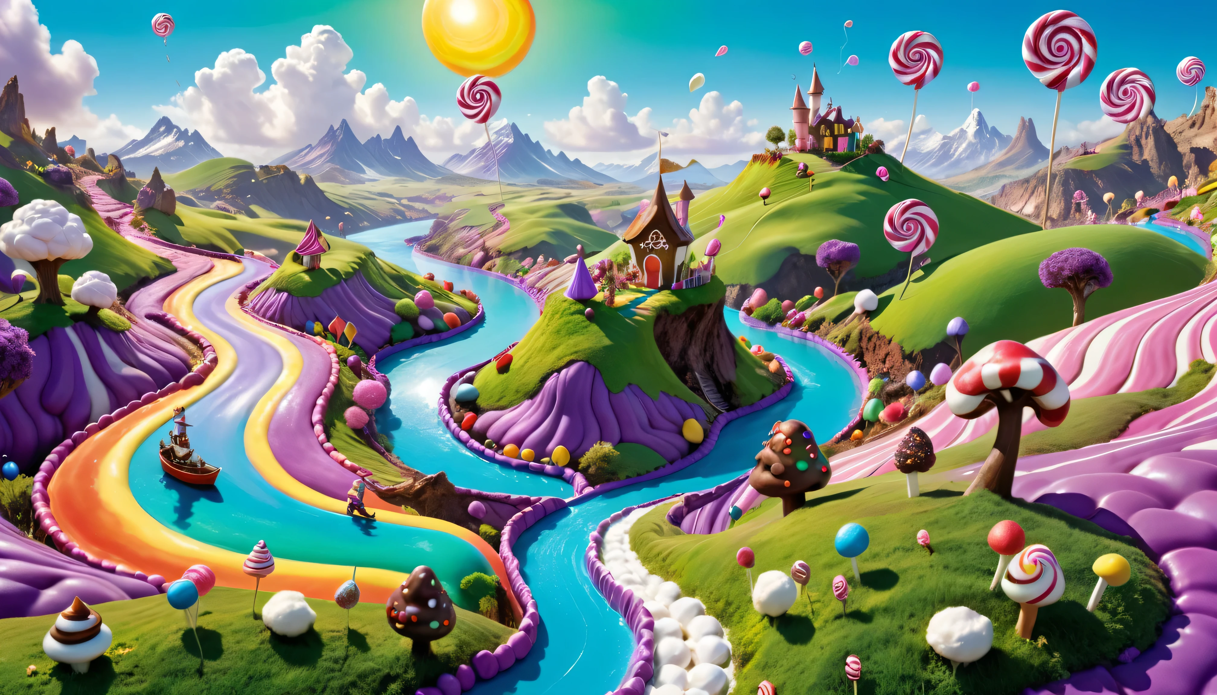 ( masterpiece, 8,000, 16K, ultra-high definition, best quality, Fantasy Illustration, Epic Imagination, ren's dream candyland), A man made of licorice is sailing along a chocolate river flowing through purple marshmallow hills, Sheep made of fluffy marshmallows,There are&My eyes graze on green sugar grass, A candy omelette The sun shines on the scene. Willy Wonka's Imagination, Perfect Dream, Candy Land Perfect, Created by God Himself, Edible Fantasy, Everyone's Wish.