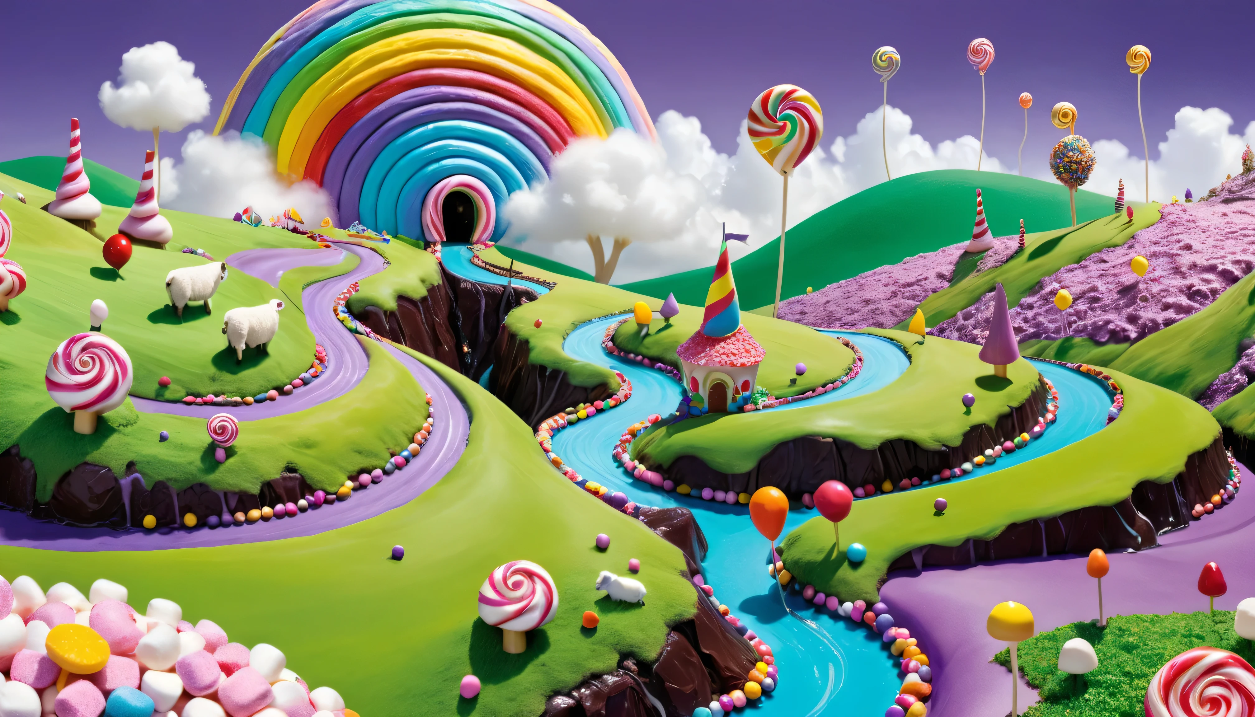 ( masterpiece, 8,000, 16K, ultra-high definition, best quality, Fantasy Illustration, Epic Imagination, ren's dream candyland), A man made of licorice is sailing along a chocolate river flowing through purple marshmallow hills, Sheep made of fluffy marshmallows,There are&My eyes graze on green sugar grass, A candy omelette The sun shines on the scene. Willy Wonka's Imagination, Perfect Dream, Candy Land Perfect, Created by God Himself, Edible Fantasy, Everyone's Wish.