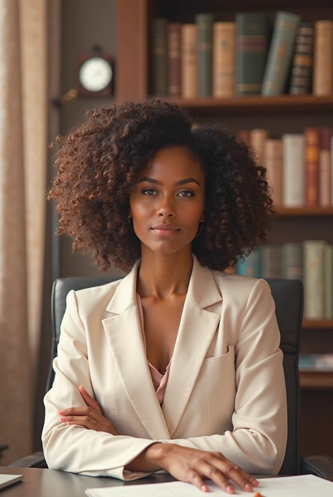Black Woman with curly hair is in her law office working, in a serious and sexy way.