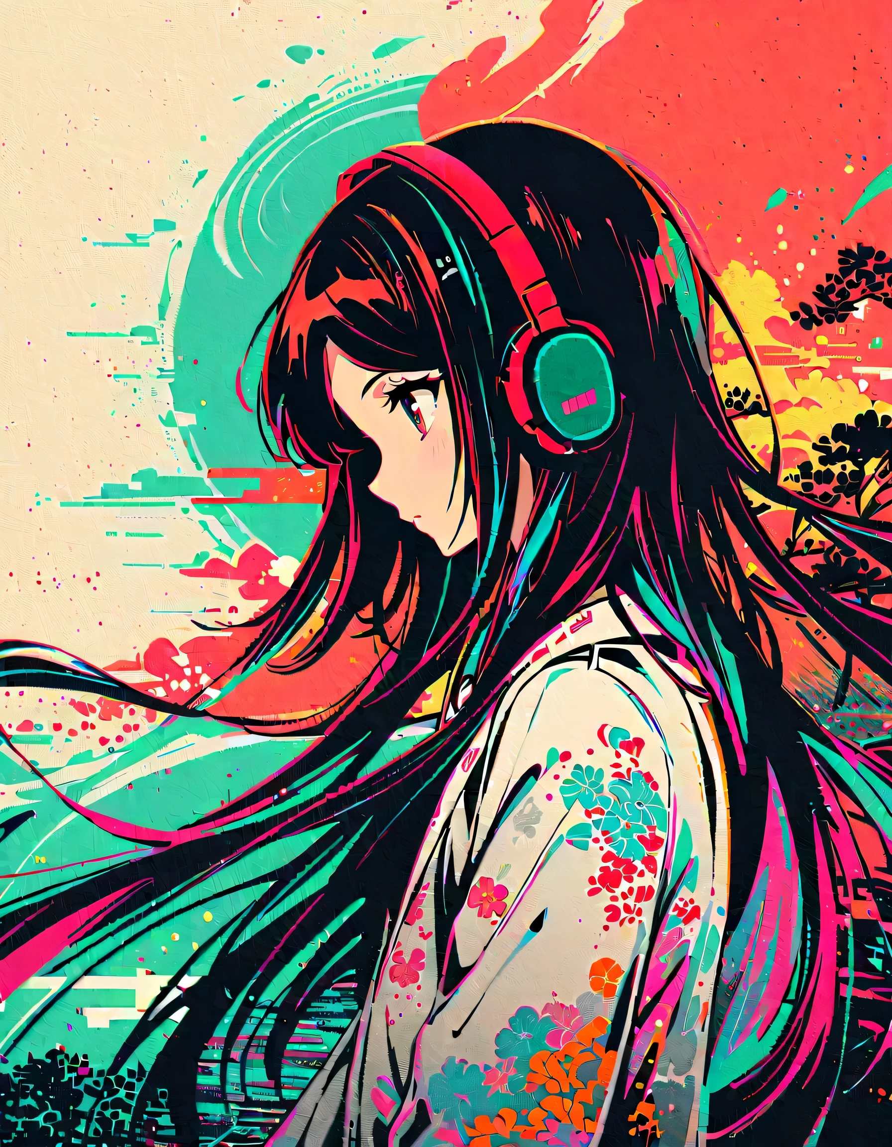 illustration, glitch art, Digital noise, hatsune miku, Deep and charming eyes, super detailed, Hatsune Miku wearing a white suit, American comic style, amazing moment,The girl in red, Back focus, flowing long black hair, Chinese painting, ink style. Four seasons, visual effects, Warm colors, Distortion-free composition, romantic, Smooth lines, flat canvas, HD textures, visual warmth, and tranquility.