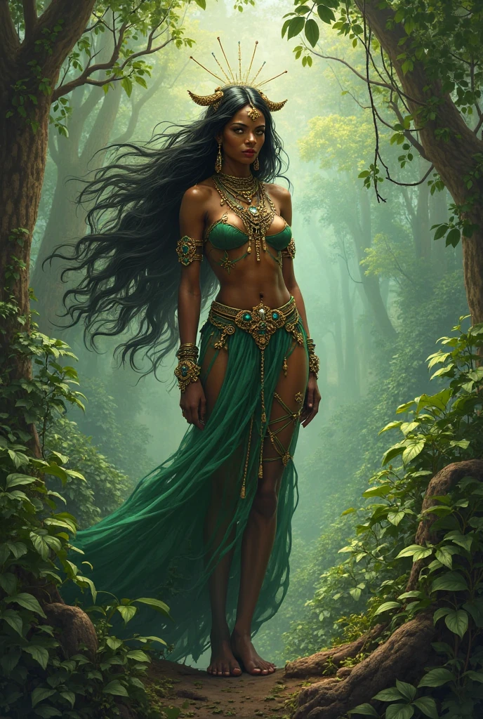 Putana disguised as a beautiful woman arriving in Vrindavan with a sinister look. The village backdrop should be peaceful, contrasting with Putana's menacing presence