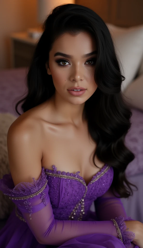 Black hair, purple lingerie, sexy position women