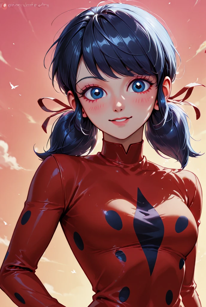 videl, red headband, short black hair, blue eyes, red sleeveless dress,turtleneck, black leggings, devil logo, black belt, looking at viewer,surprised, smiling, blush, lying, on back, hands on chest, outside, grass, flowers, from_above, sunny,  extreme detail, masterpiece,  <lora:adultvidel_v0_2_prod:.8>