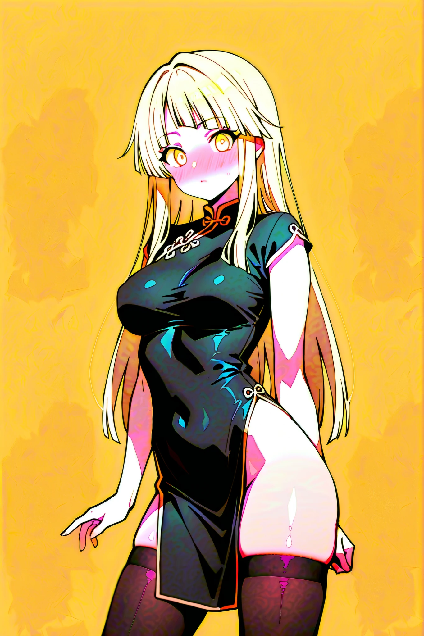 Portrait of People,(8k, best quality, masterpiece:1.2),\(Eye details\),\(Facial features details\),(\(Service Details\)\),(1 girl:1.3),tsurumaki kokoro,pale body skin,face blush,medium breasts,(black Chinese cheongsam costume:1.25),Highlight body curves,Black Stockings,(waist outcuting:1.2),(navel outcuting:1.1),simple background, perspective drawing, anatomically correct, (Massive action),anime style, Japanese illustration style, ultra-high definition,texture skin,