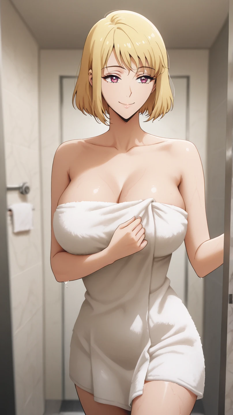 、(masterpiece、Highest quality)、Highest quality, Ultra-high resolution, (((masterpiece))), alone, Sweat、Big eyes, Composition from the front、Shortcuts、Embarrassed face、Bronze colored hair、Cut the back hair short、Bathroom、Shower scene、 Expose、Completely naked、pubic hair、belly button、Large areola、Nipples、short hair