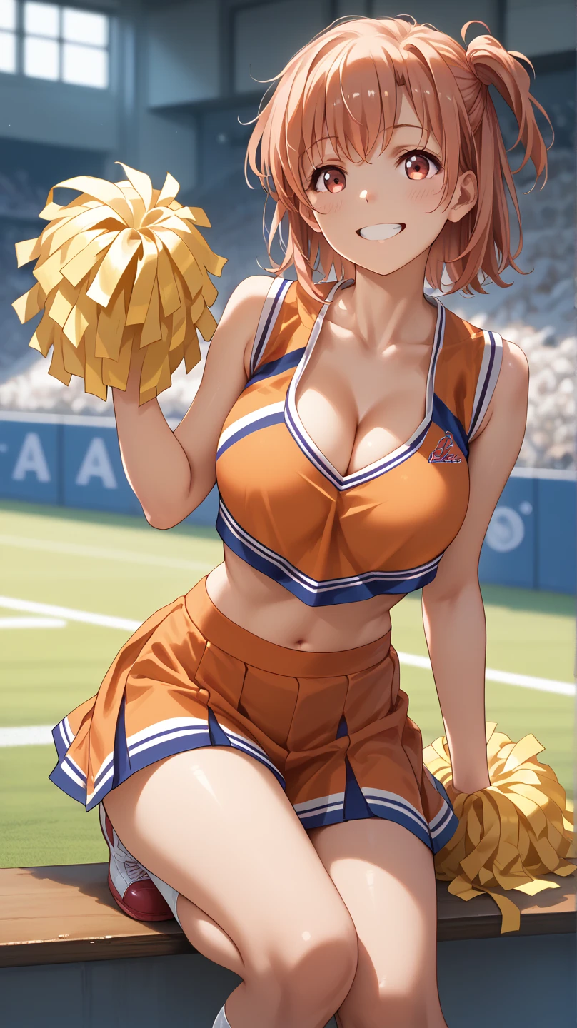 score_9, score_8_up, score_7_up, 1girl, looking at viewer, cheerleader, ponytail, ikuchan, outdoors, , small , huge thighs, nipple pasties, fishnet bra, lingerie, cheerleader skirt, ginger hair, smug, smug grin, rating:safe, sfw