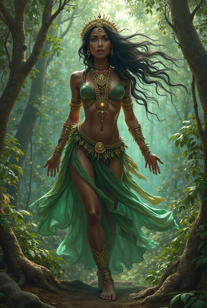 A young elvish girl with African features, riding a animal, lovely charming face, having jade green skin tone pigmenting texture , ( full body perfect detailed masterpiece), ( dark skin tone texture masterpiece ), (tomboyish hairstyles look), ( having a illuminating jade green gemstone crystalized wavy short hair ), ( has a elvish tattoos ),(( wearing helmet of elvish design)), (serious, with exposed teeths showing open mouth)(perfect full body detailed anatomy), (Super accessories detailed), (fighting pose), (perfect detailed crystal green sparkling eyes),(wearing illuminating gemstone crystalized accessories hair), ((expose big breast hard erect nipples))(( exposed panty, with pussy clitoris exposed and slip showing))((legs wide open showing pussy line))(( Wearing transparent illuminating see thru costume elves )), (( holding a treasure bow )), (( illuminating different lights covering the sorrounding atmosphere forest with rivers moon showing)) many flora and fona rarity, on its back wearing elvish cape detailed design, has a angry face, 7 different perspective view of that same girl & face profile sheet character style