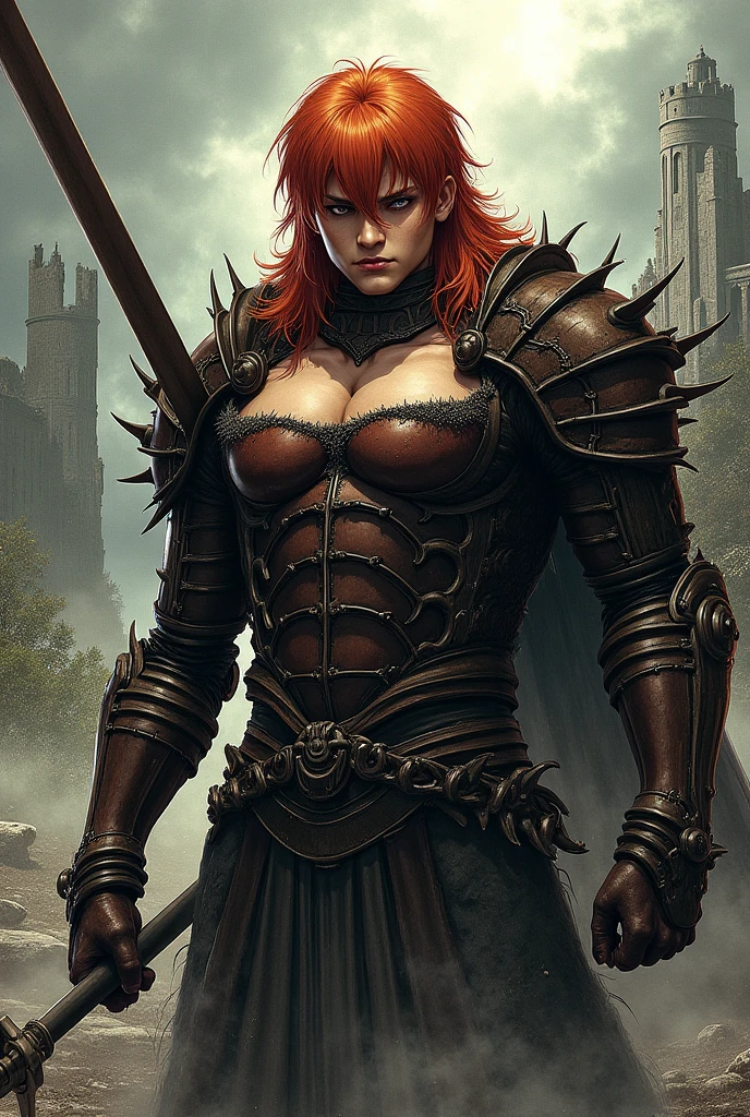 (masterpiece, 8k, 4k, extremely detailed, dynamic shading, best quality, strong linework, absurdres:1.4) nice hands, perfect hands, mature, milf, sexy, (huge tits:1.1) <lora:more_details:1> <lora:colorify:0.5> <lora:Faraam:0.45> DS2Faraam, armor, shoulder plates, long red cape, short red ginger hair in a ponytail and bangs, bandage hand wraps, armor thighhigh greaves, leotard under armor, multiple belts, fur mantle, no helmet, green eyes