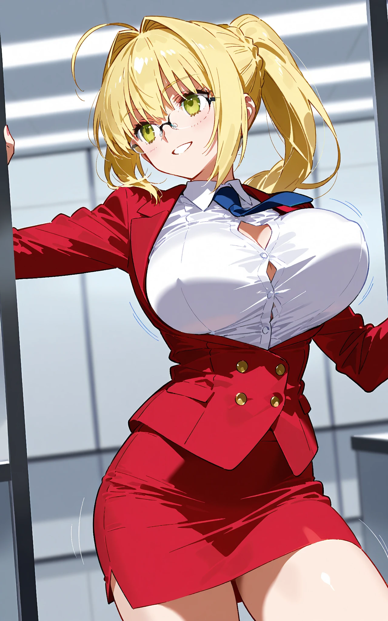 1 female, teenage girl, red long sleeve dress, blonde long hair, rosa cheeks, strip club, happy face, huge breast