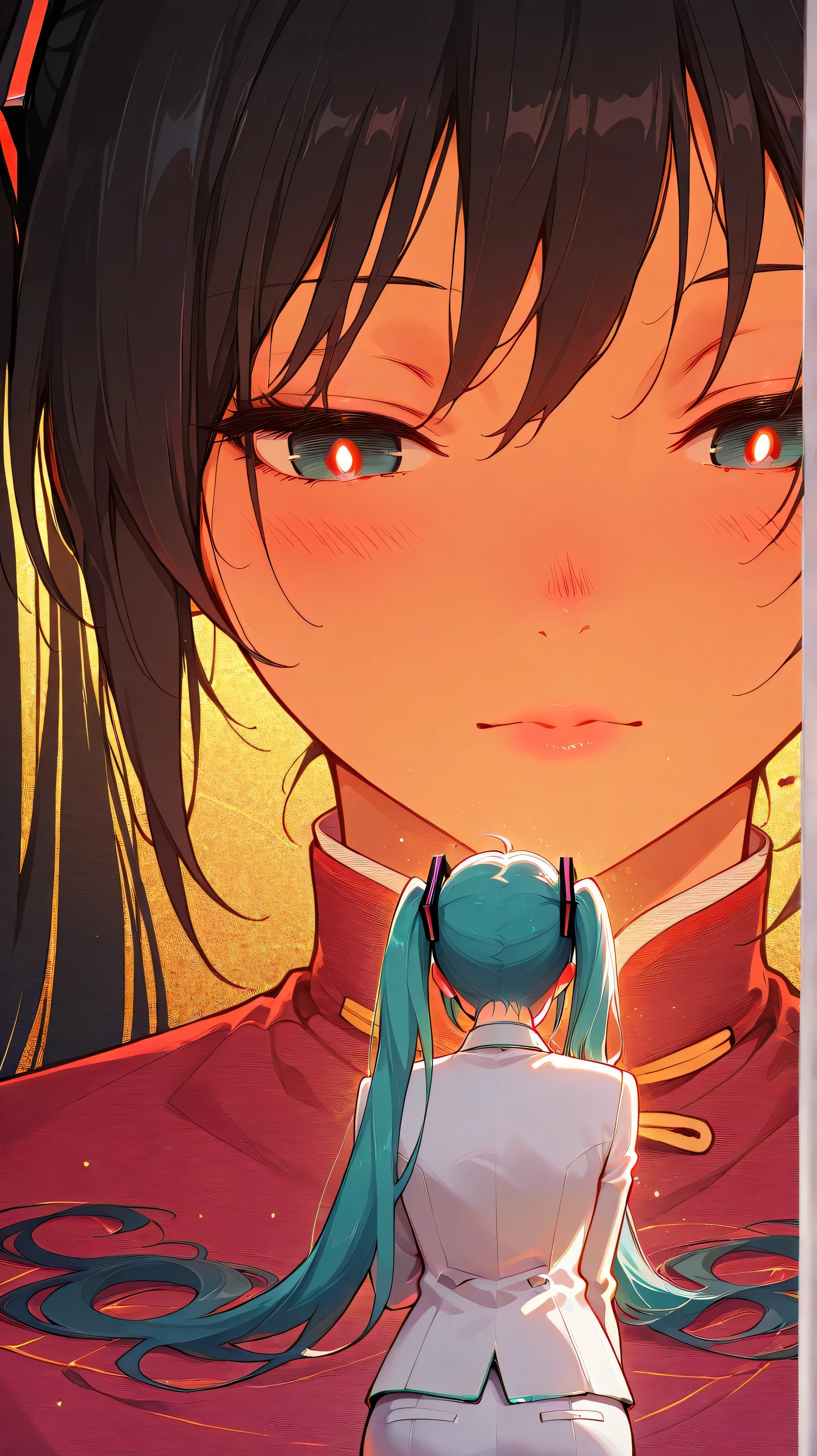 illustration, glitch art, Digital noise, hatsune miku, Deep and charming eyes, super detailed, Hatsune Miku wearing a white suit, American comic style, amazing moment,The girl in red, flowing long black hair, Chinese painting, ink style. Four seasons, visual effects, Warm colors, Distortion-free composition, romantic, Smooth lines, flat canvas, HD textures, visual warmth, and tranquility.