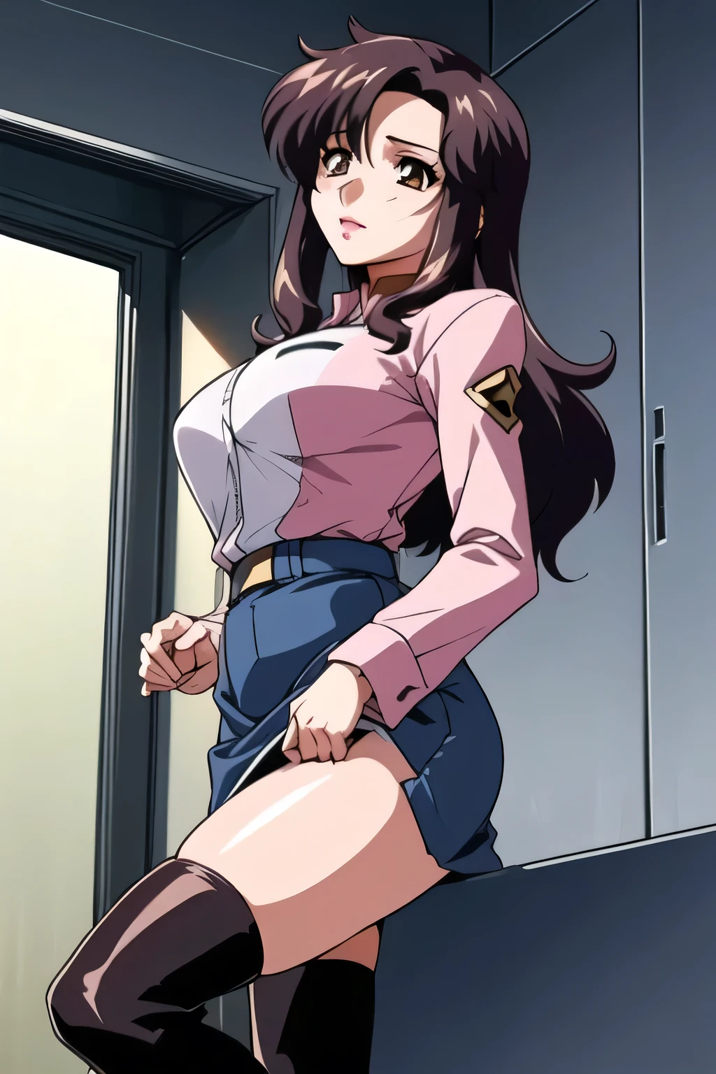 (please draw a more delicate expression),(pink shirt),( blue jeans mini skirt)(blue panties),knee-high boots,Two high stockings 、don't trim her face as it is necessary for the work、The work is wonderful enough by itself, but、I'm surprised too, don't prepare your face for work {X},pink shirt, blue jeans mini skirtを履いている, , big black wavy hair, , Big Breasts,thin waist , , ,A woman close to 40 years old with sex appeal,