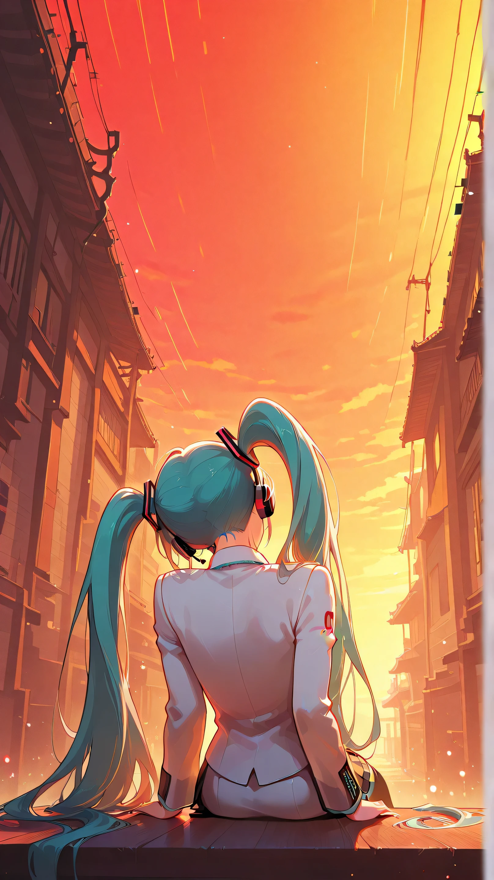 illustration, glitch art, Digital noise, hatsune miku, Deep and charming eyes, super detailed, Hatsune Miku wearing a white suit, American comic style, amazing moment,The girl in red, flowing long black hair, Chinese painting, ink style. Four seasons, visual effects, Warm colors, Distortion-free composition, romantic, Smooth lines, flat canvas, HD textures, visual warmth, and tranquility.